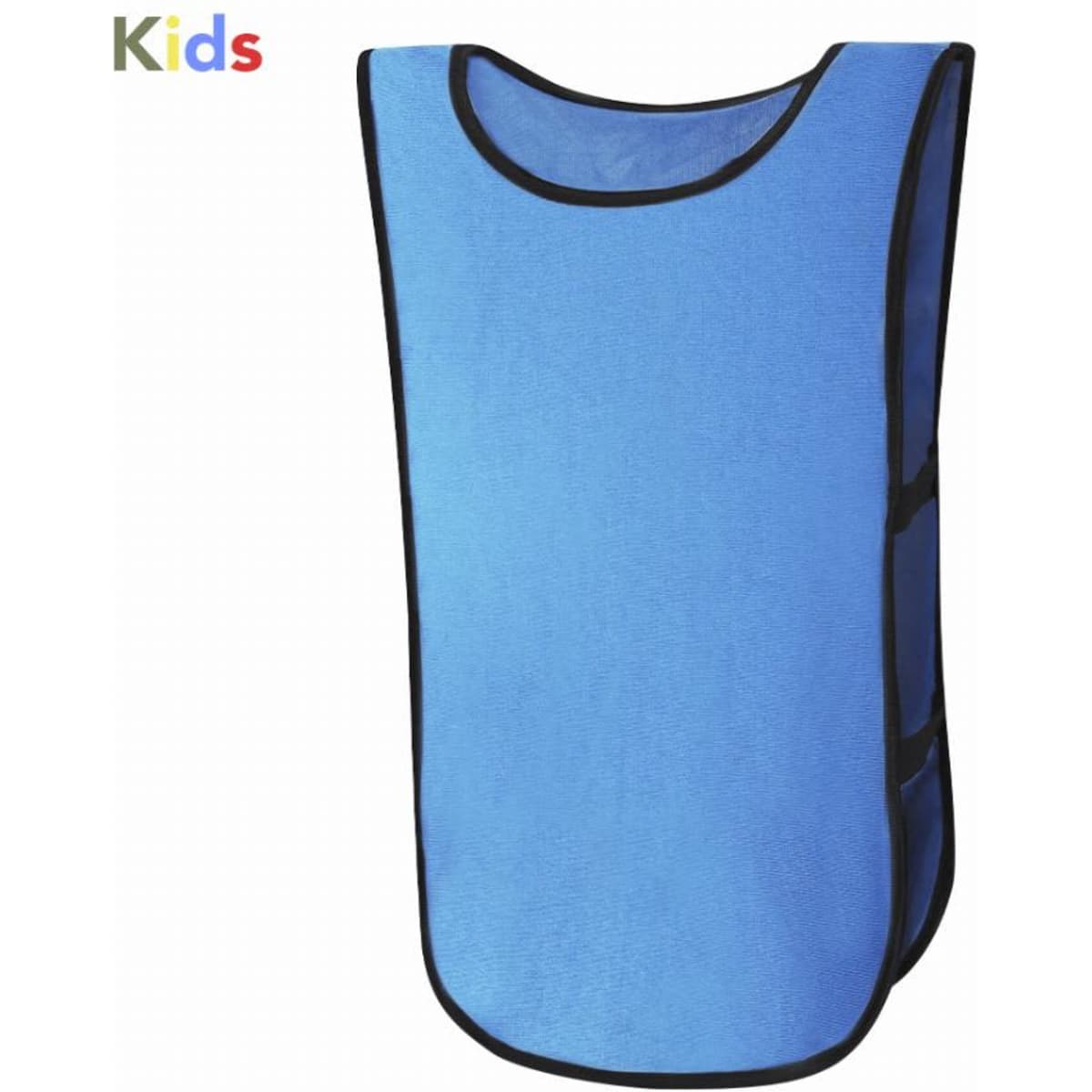 A blue children's vest with black trim, designed for ease of wear. Features side openings for comfort.