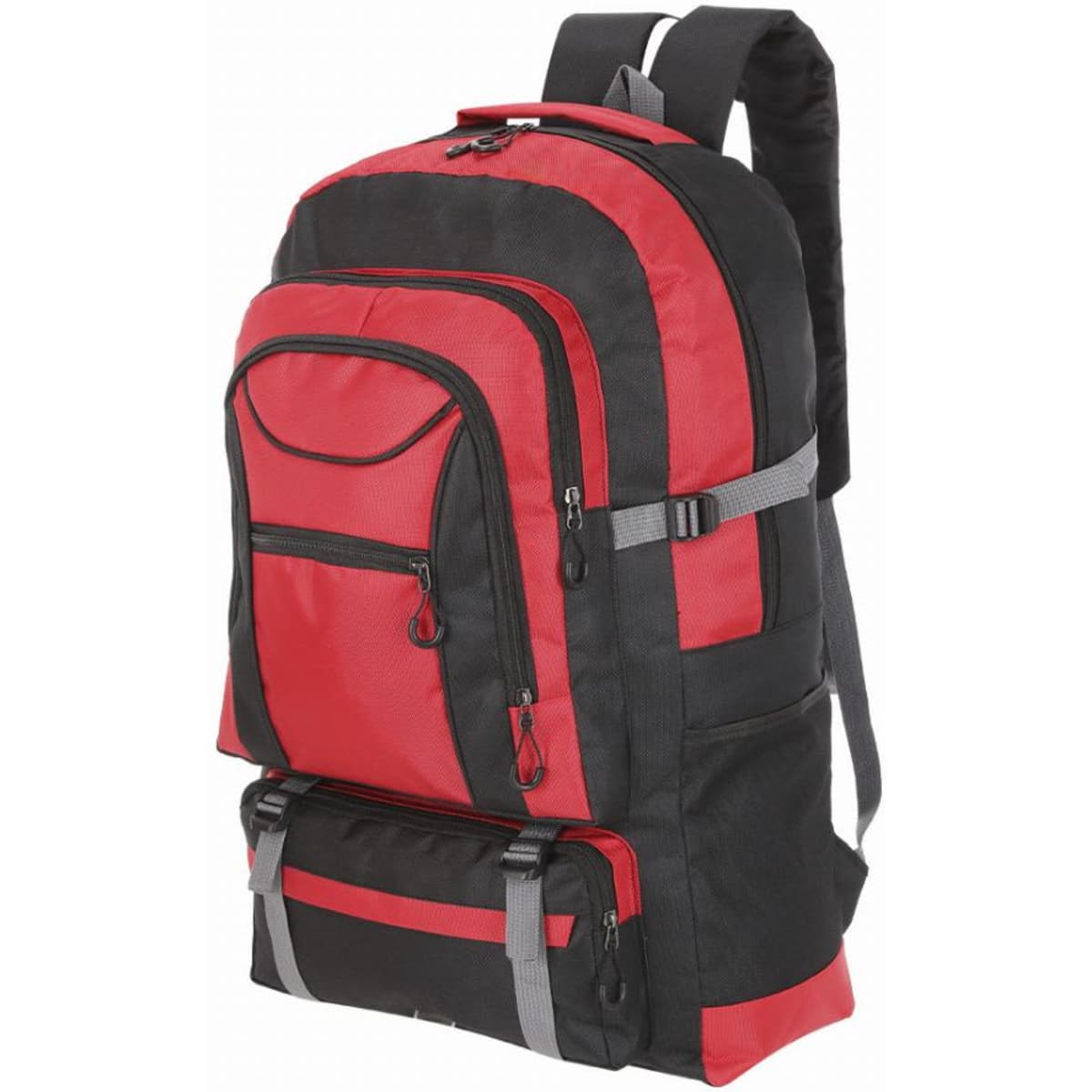 A backpack in black and red featuring multiple compartments and adjustable straps. It includes a lower zippered section.