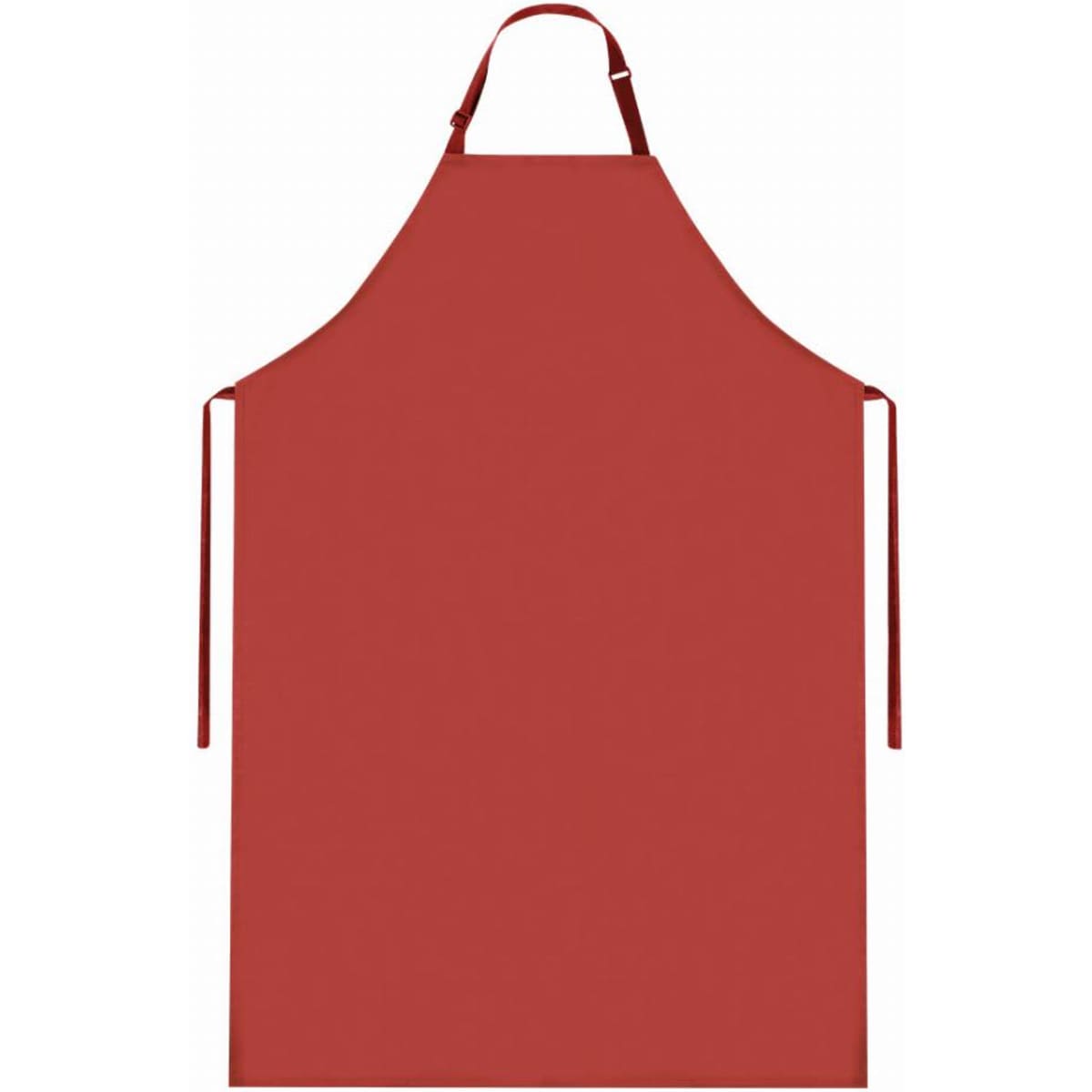 A red apron with adjustable neck straps and ties at the waist, featuring a simple and plain design.