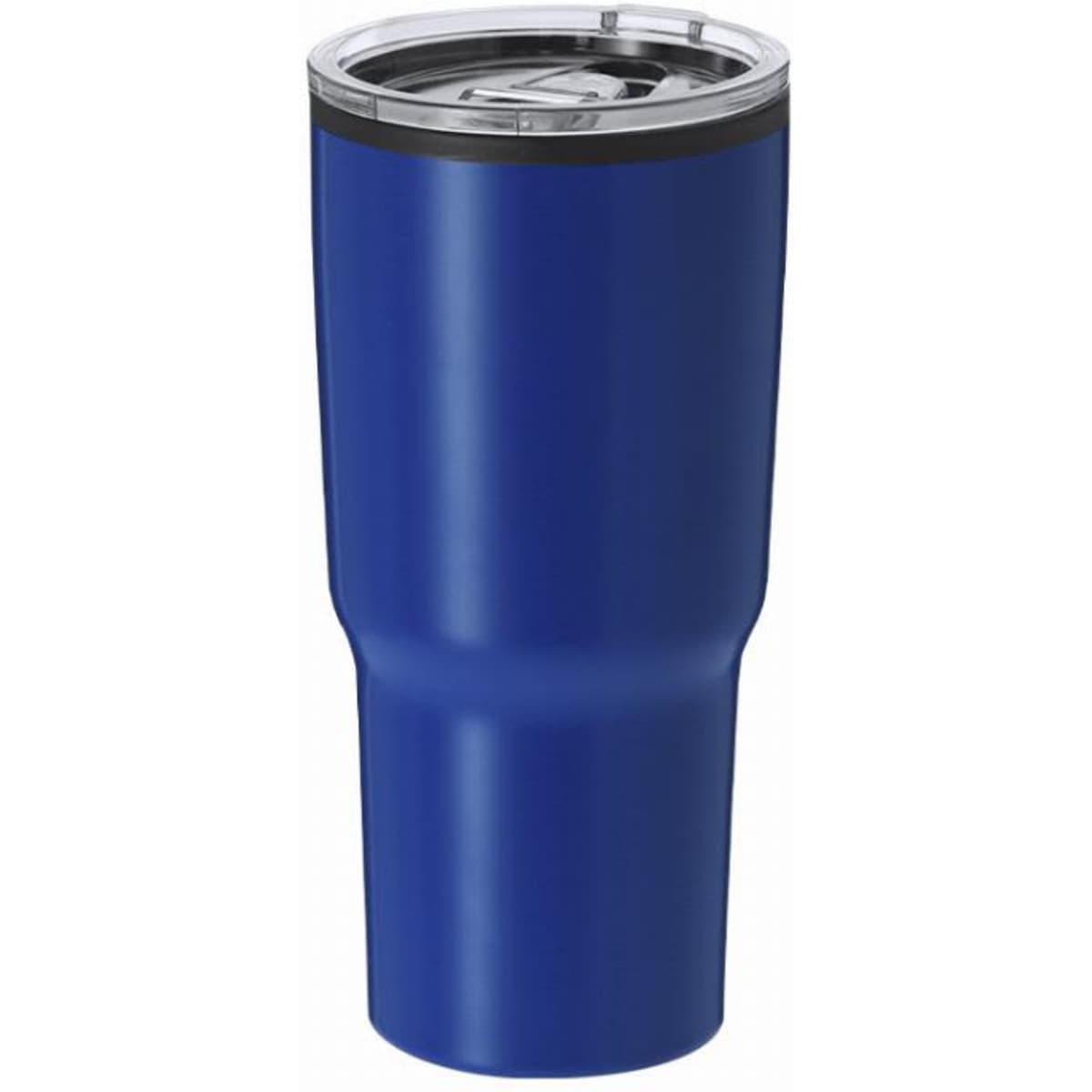A drink bottle in a vibrant blue colour with a transparent lid and a sturdy base. It features a logo.