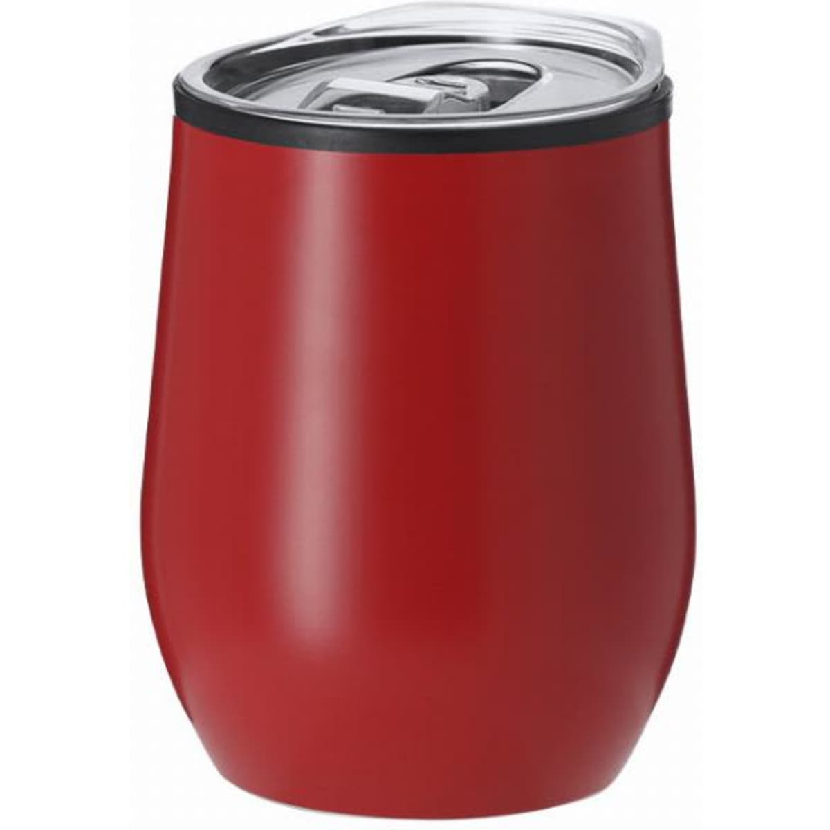 A drink bottle in a sleek, red design with a metallic lid and a convenient sipping opening. Features a logo.