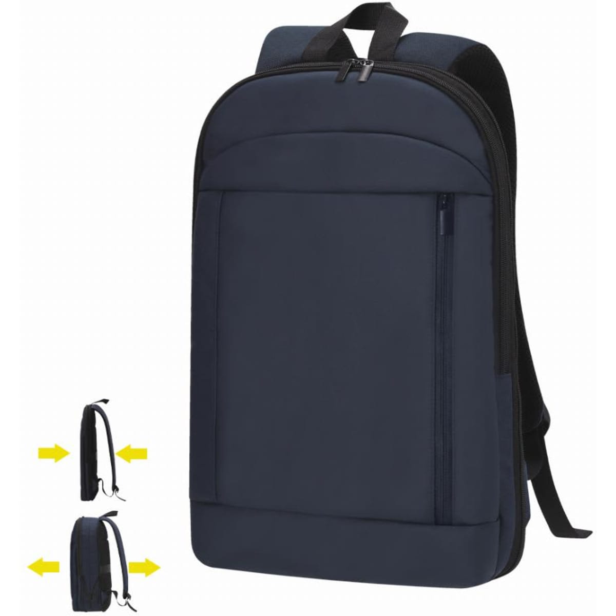A navy blue backpack with a sleek design and adjustable straps, featuring a zippered front pocket.