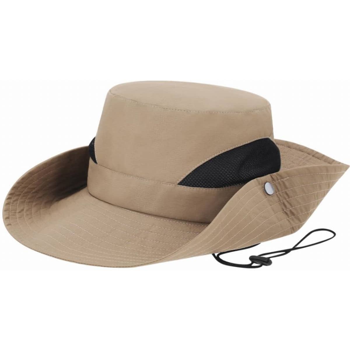 A wide-brimmed hat in khaki and black, featuring a mesh section and an adjustable chin strap.
