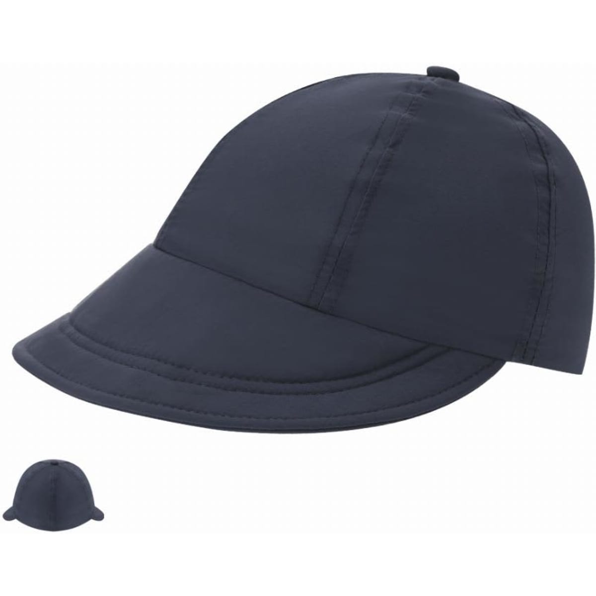 A navy blue cap with a curved brim and a rounded top, featuring stitching details and a logo.
