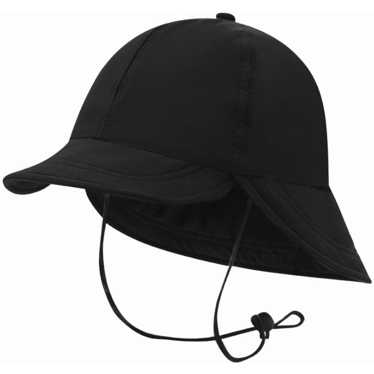 A black sun hat with a wide brim and adjustable chin strap, featuring a lightweight design.