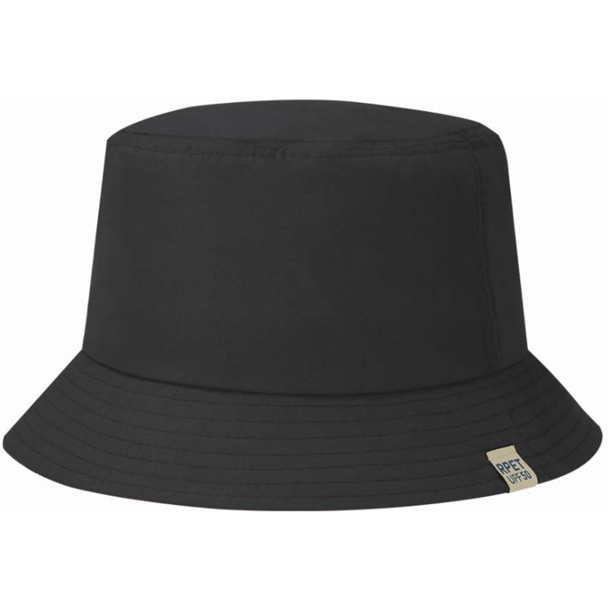A black bucket hat with a wide brim and a small branding label on the side.