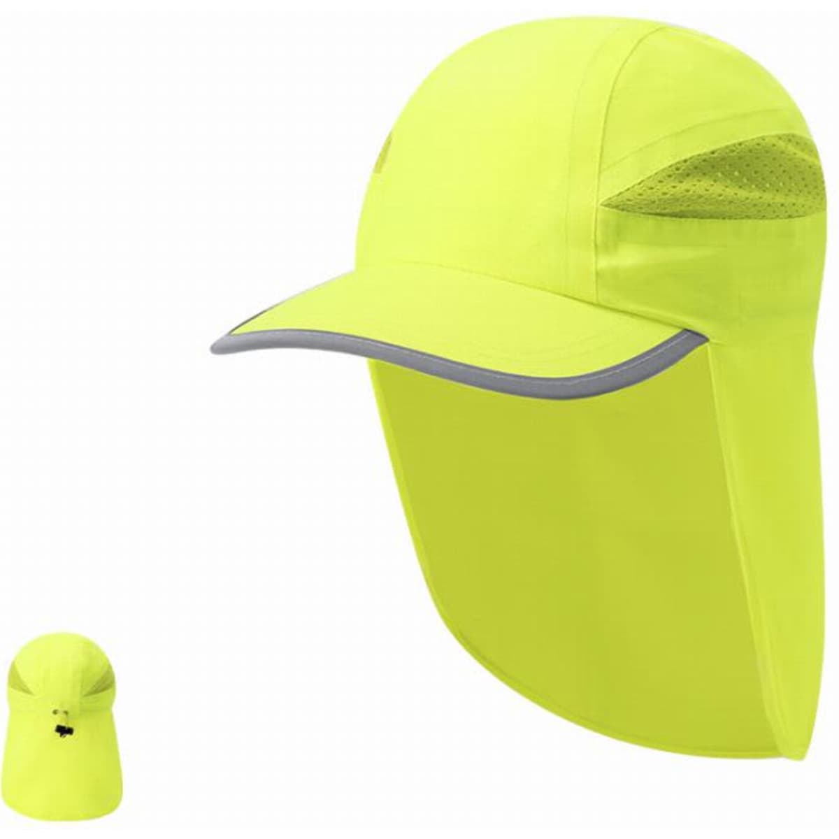 A bright yellow cap featuring a curved brim, mesh side panels, and a neck flap for sun protection.