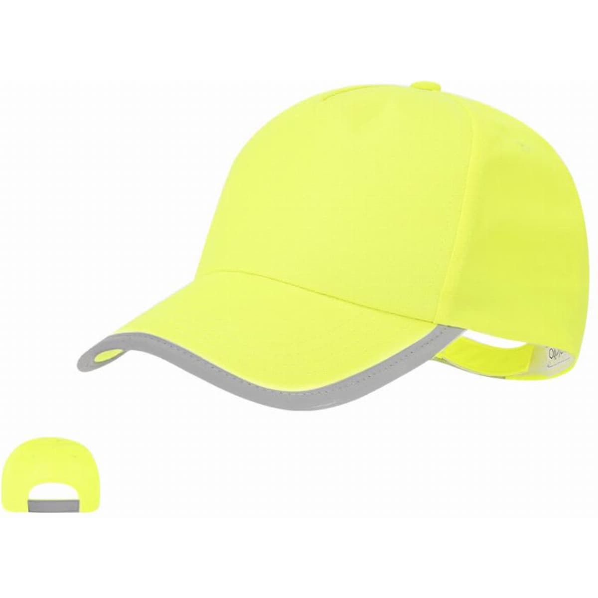 A yellow cap with a grey brim and accents, featuring a curved visor and an adjustable strap at the back.