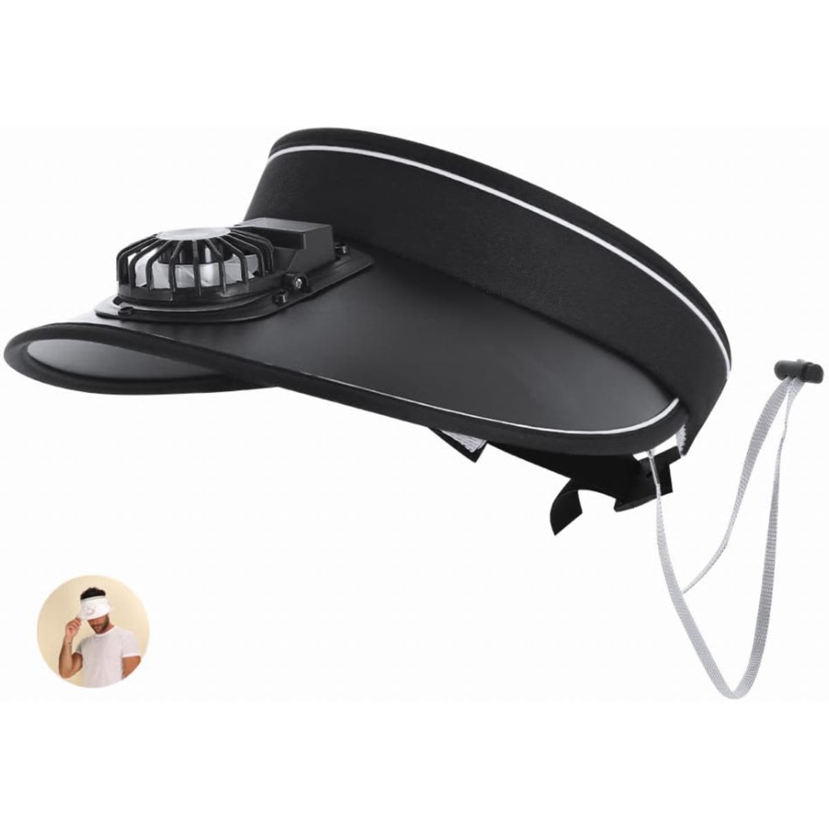 A black sun visor hat featuring a small fan on the side and an adjustable strap for a secure fit.