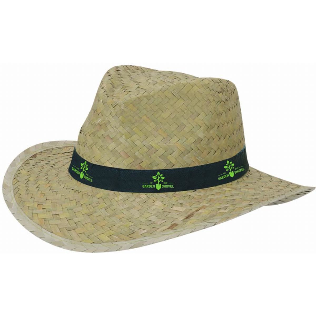 A straw hat featuring a black band and a logo, with a light brown woven texture.