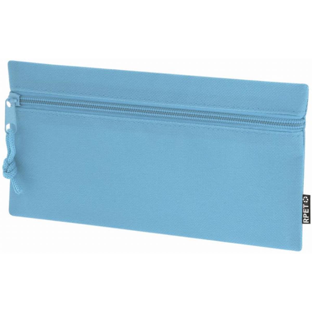 A zippered pouch in a light blue colour, featuring a textured surface and a small pull tab on the zipper.