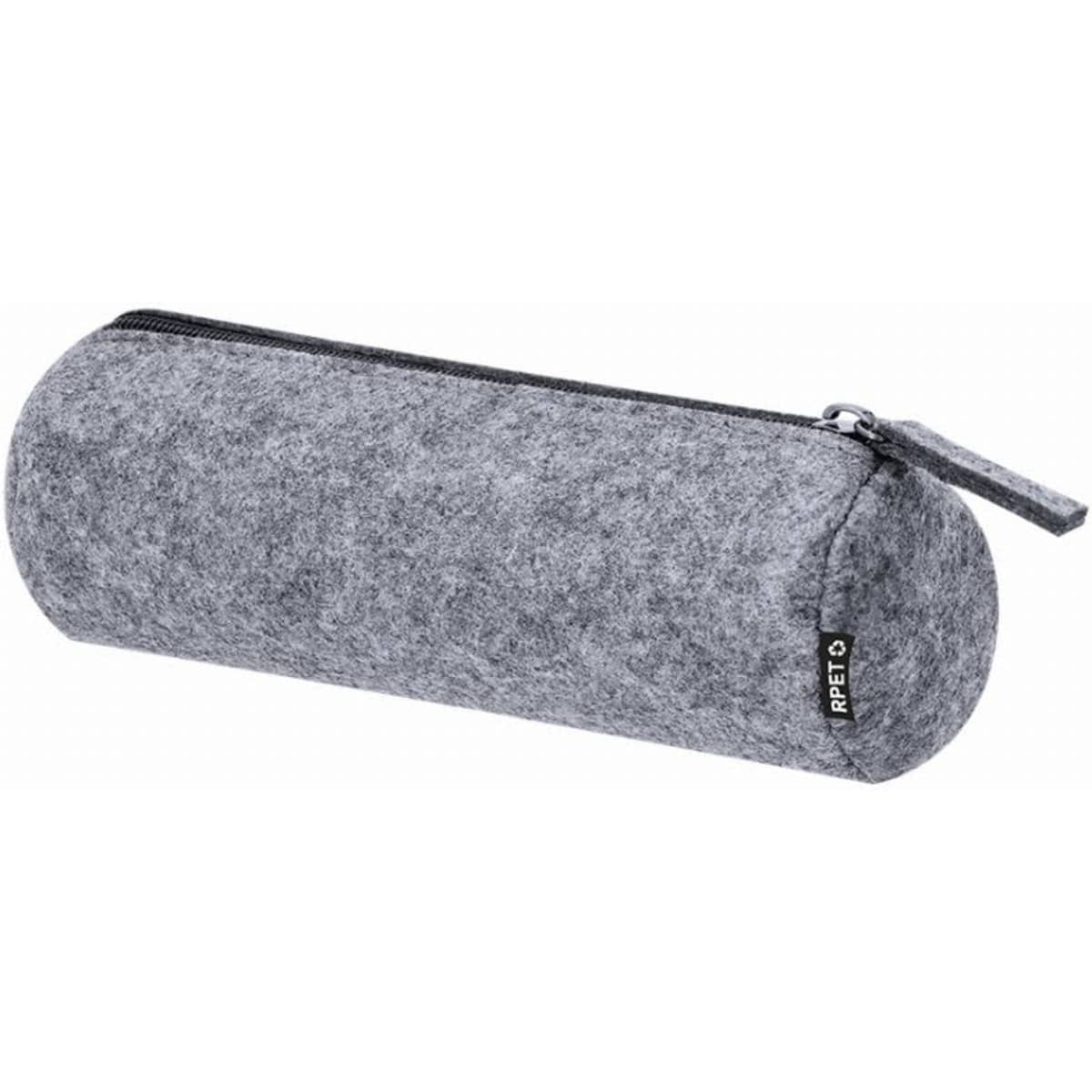 A grey felt pencil case with a zip closure and a small pull tab. It has a branding label on the side.