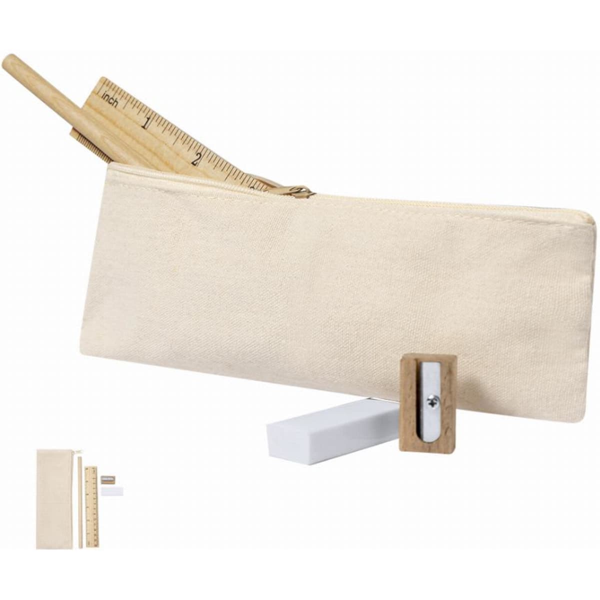 A pencil case in natural canvas colour, holding wooden stationery items like a ruler and pencil, displayed on a stand.