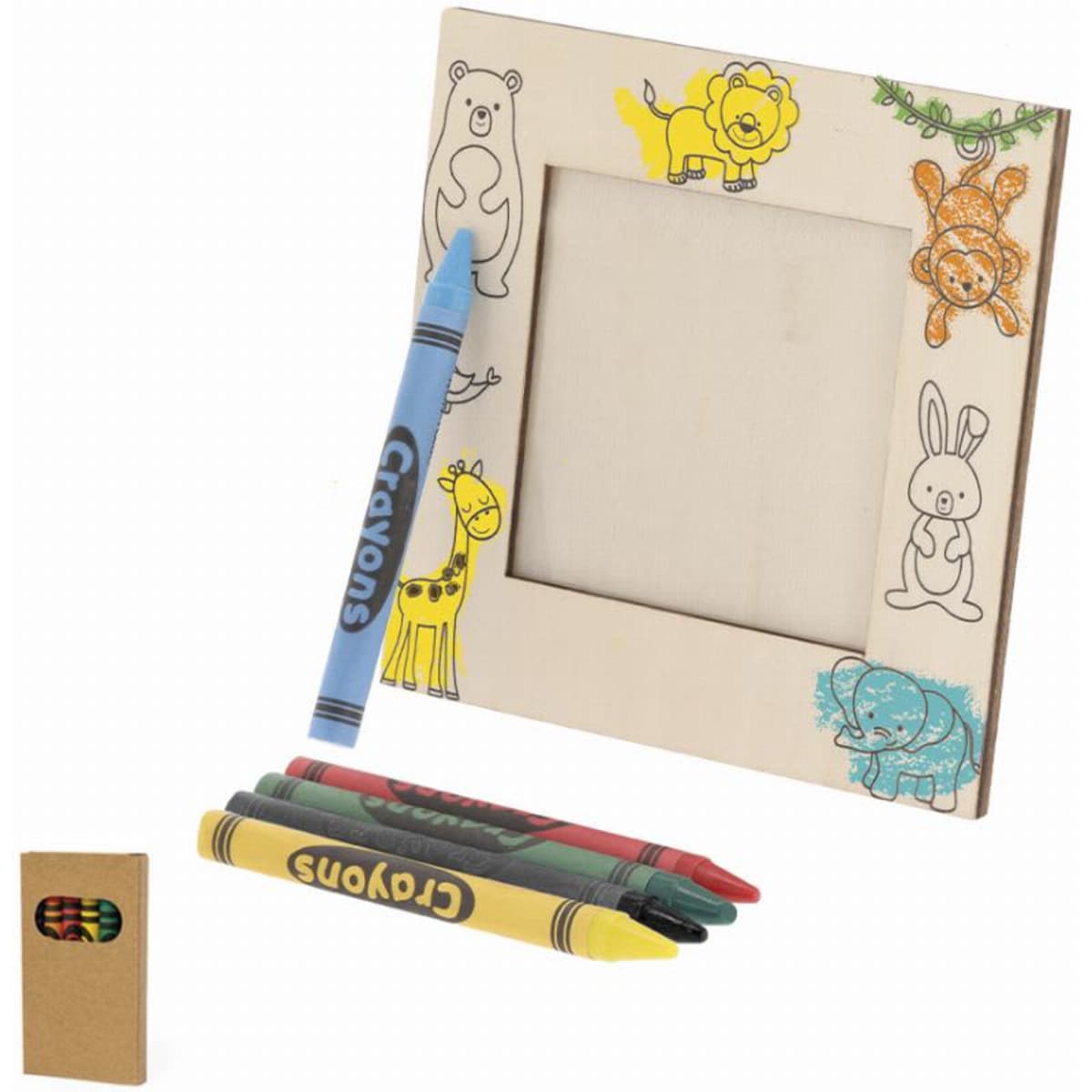 A picture frame with animal drawings, accompanied by four coloured crayons in red, green, blue, and yellow.