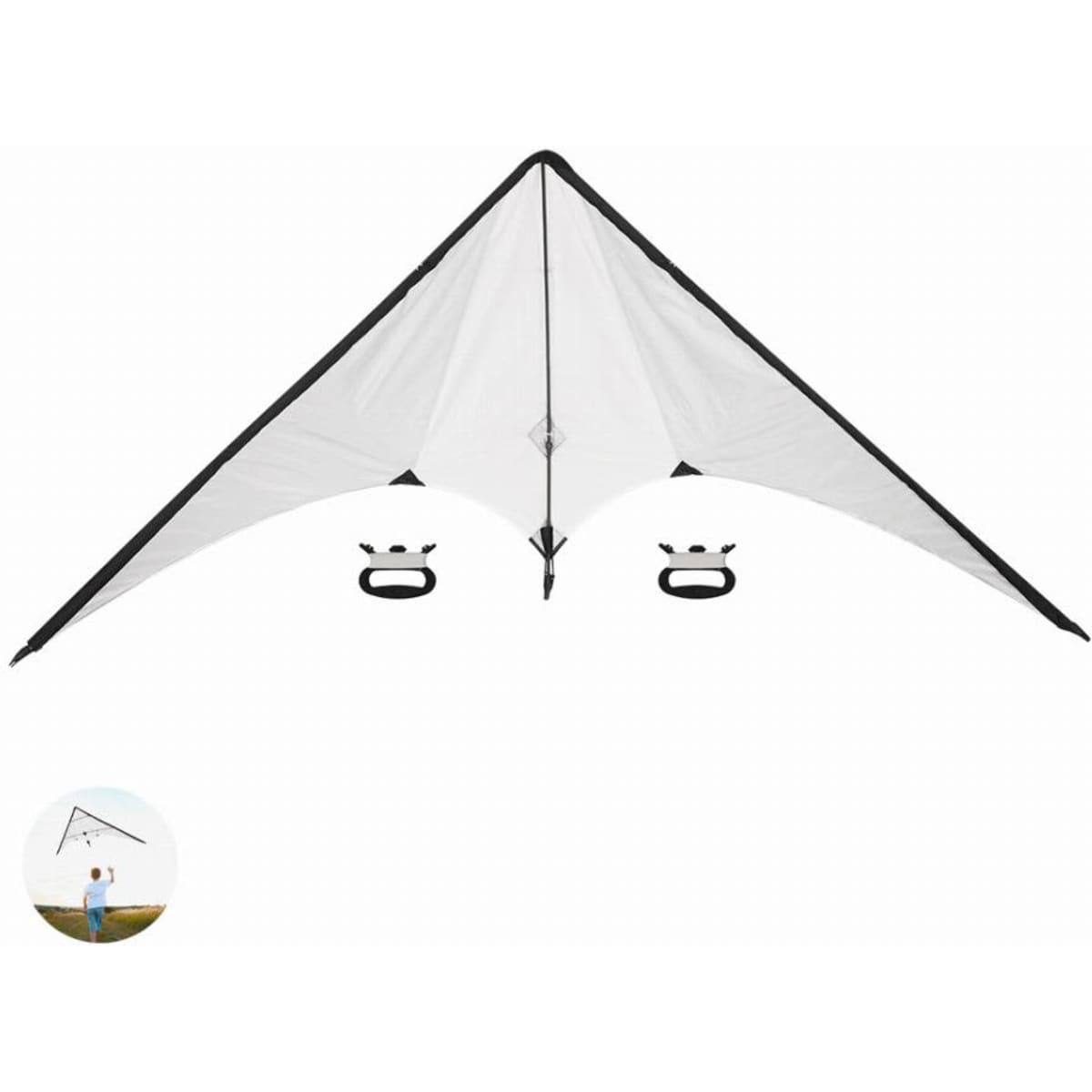 A large white and black kite with a triangular shape and two control handles. Suitable for outdoor activities.