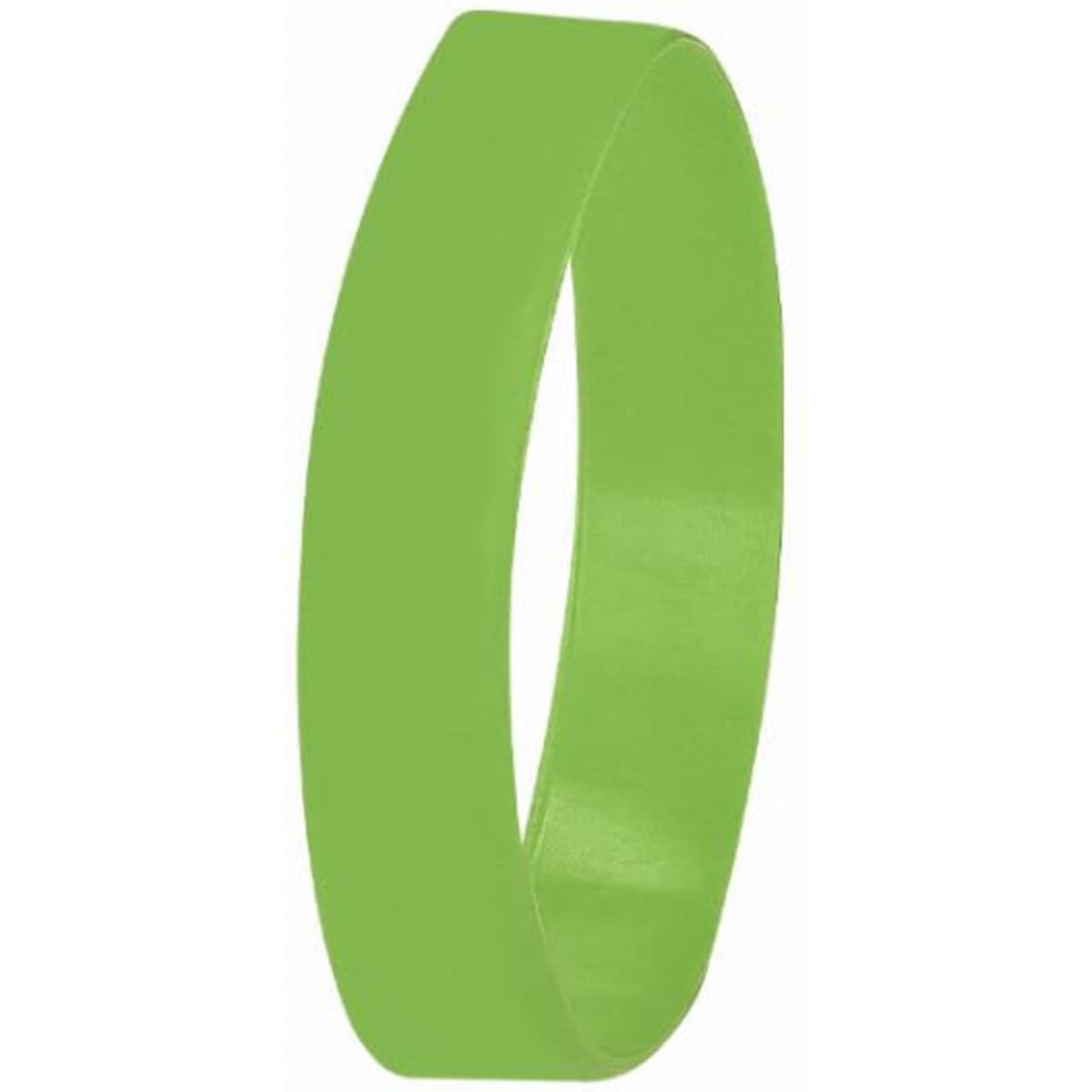 A green silicone wristband with a smooth finish, featuring no text or additional designs.