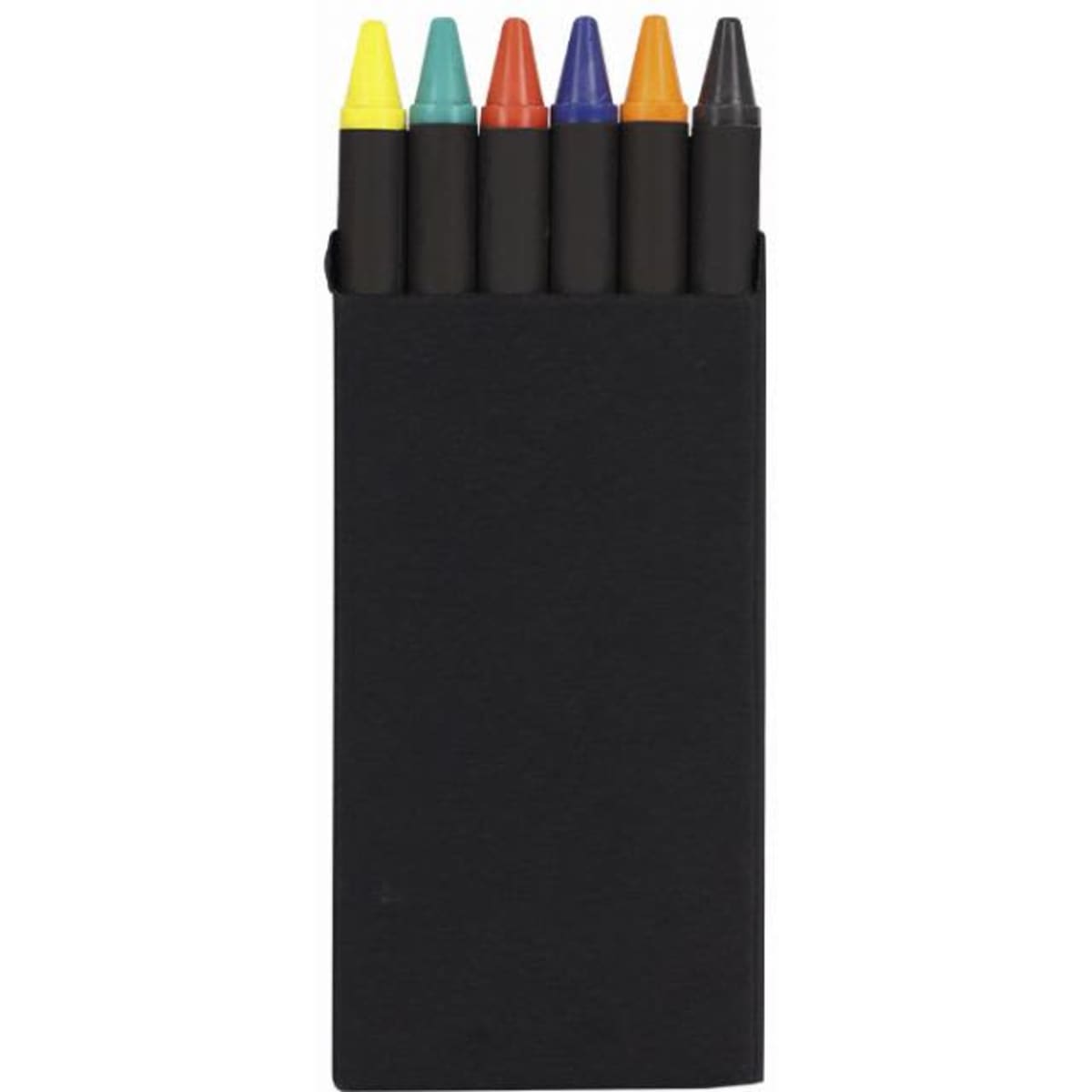 A pack of six crayons in various colours, housed in a black carton. The crayons have pointed tips.