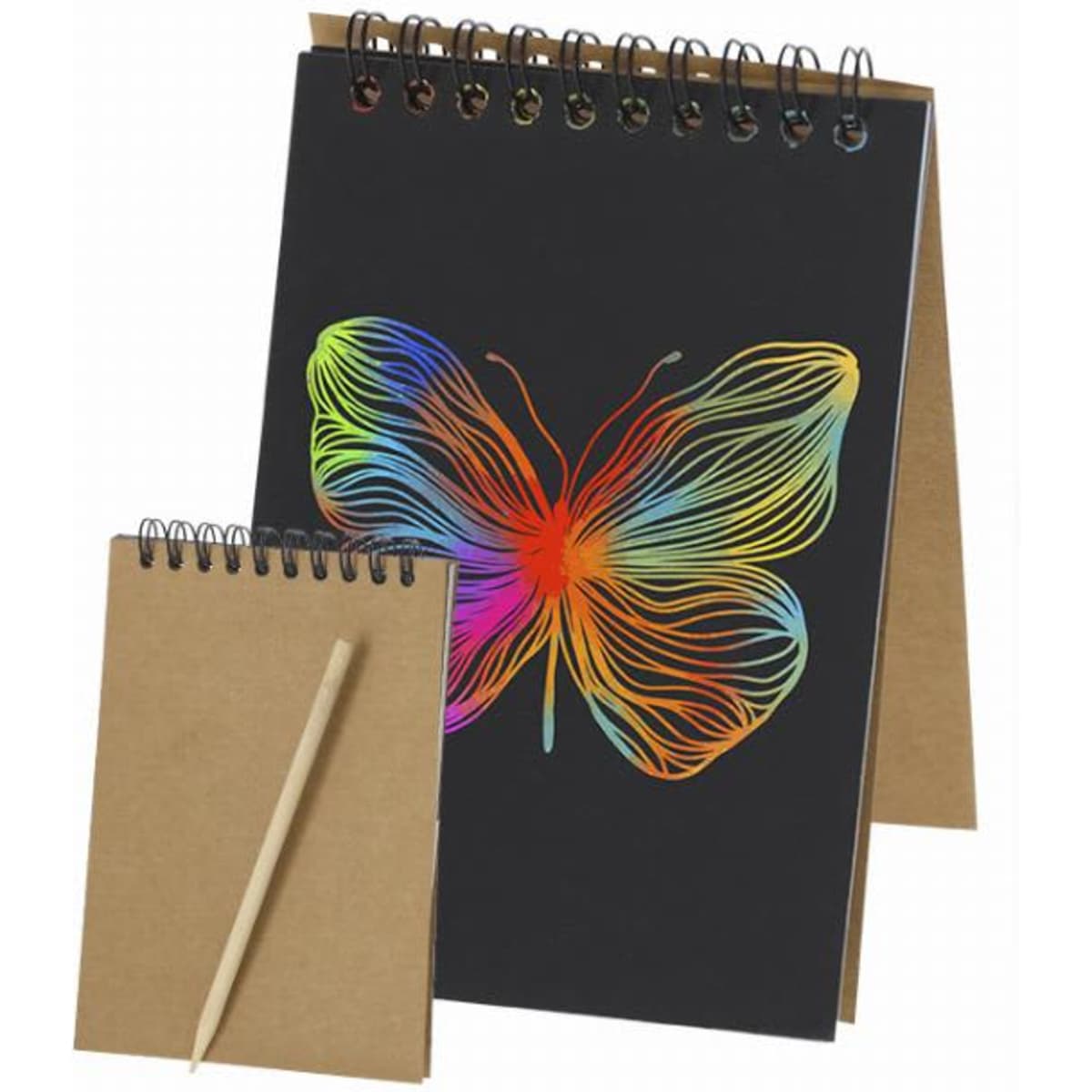 A butterfly-themed spiral notebook with a colourful design on a black cover, accompanied by a smaller notepad and pencil.