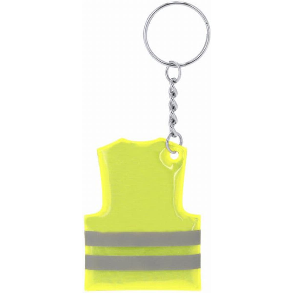 A keyring shaped like a high-visibility vest in bright yellow with grey reflective stripes.