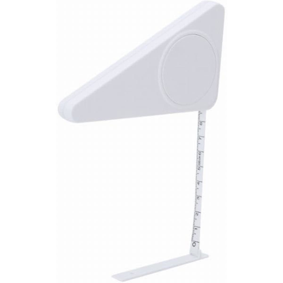 A white promotional product featuring a triangular design with a circular section and a measuring scale on the base.