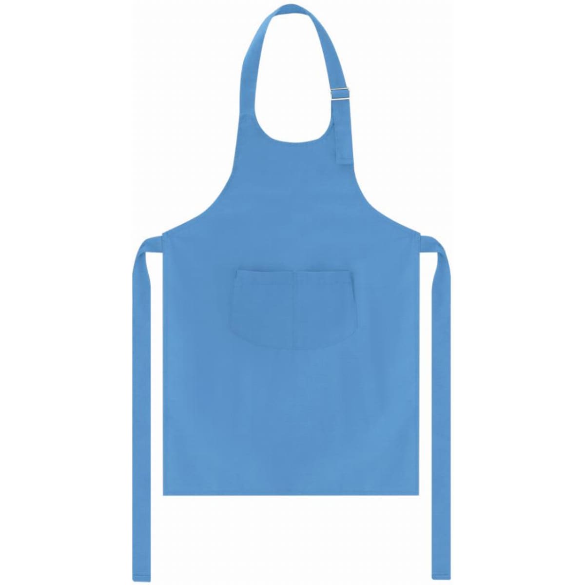 A blue apron with a front pocket and adjustable neck strap, featuring long ties at the waist.