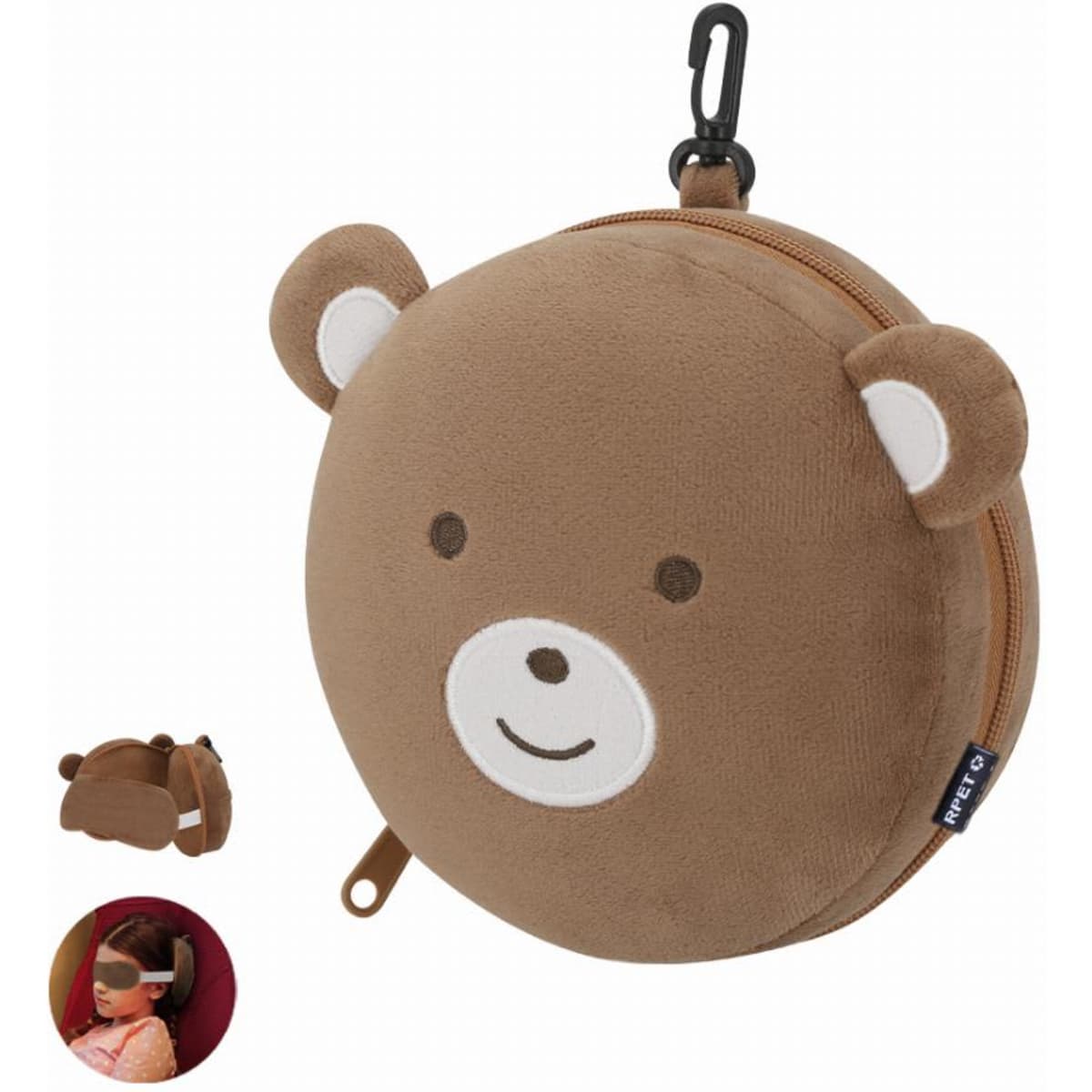 A round, brown bear-shaped pouch with ears and a smiling face, featuring a clip for easy attachment.