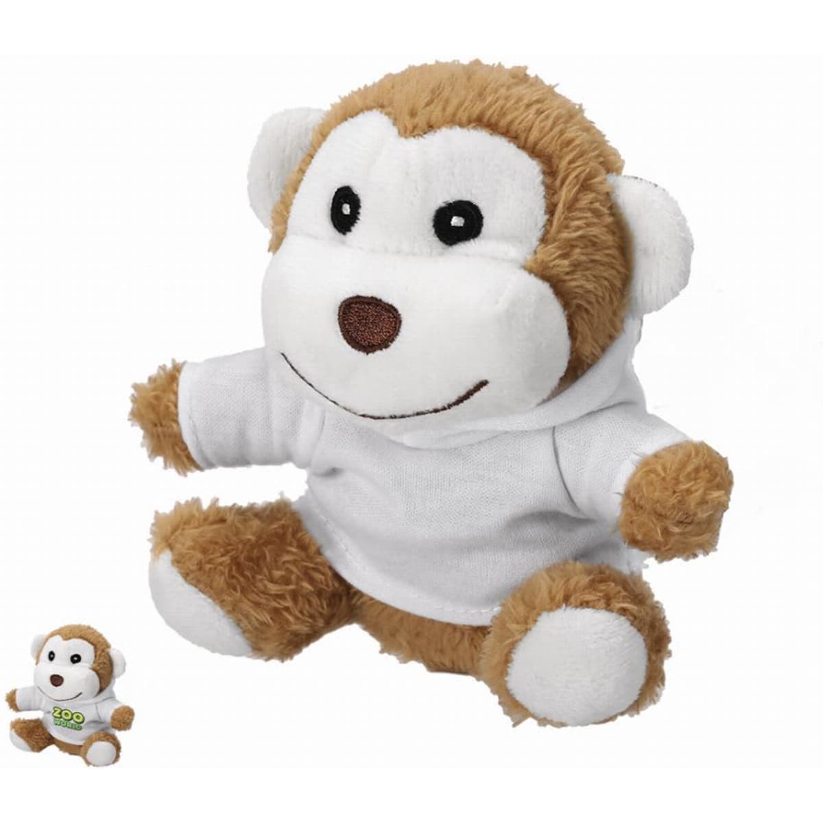 A plush monkey toy with brown and white fur, wearing a white hoodie, alongside a smaller version of the same toy.
