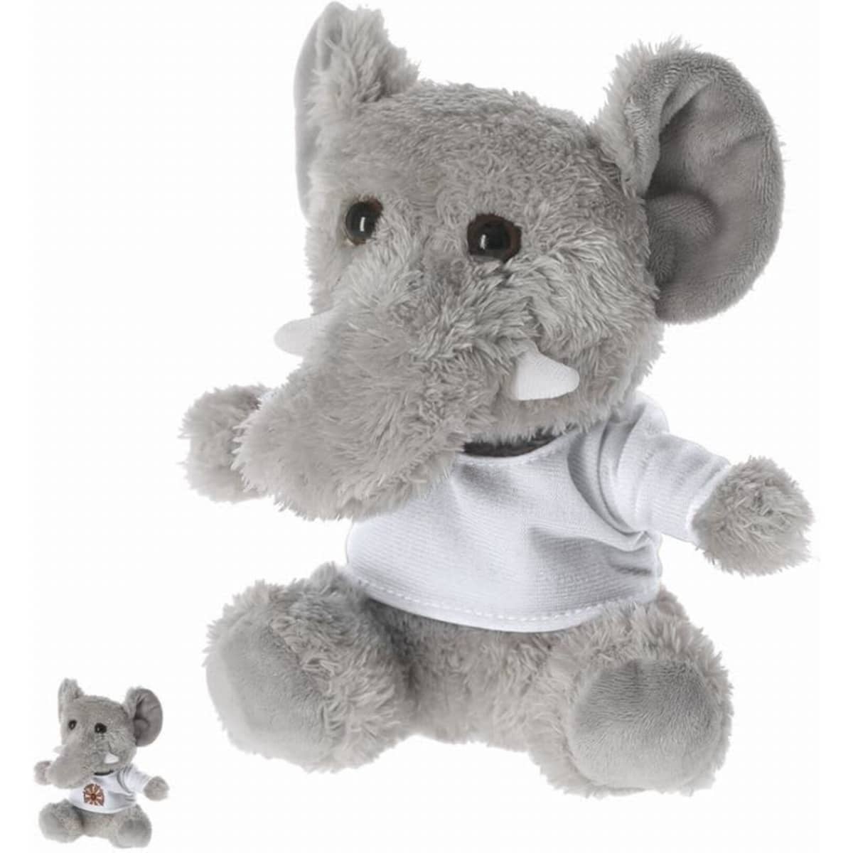 A plush grey elephant toy wearing a white shirt, with a smaller version beside it. The elephant has large ears and a friendly expression.