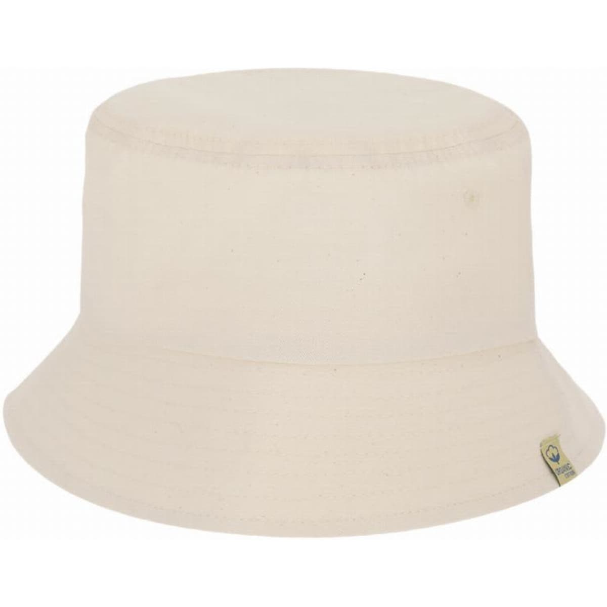 A beige bucket hat with a wide brim and a small logo on the side.