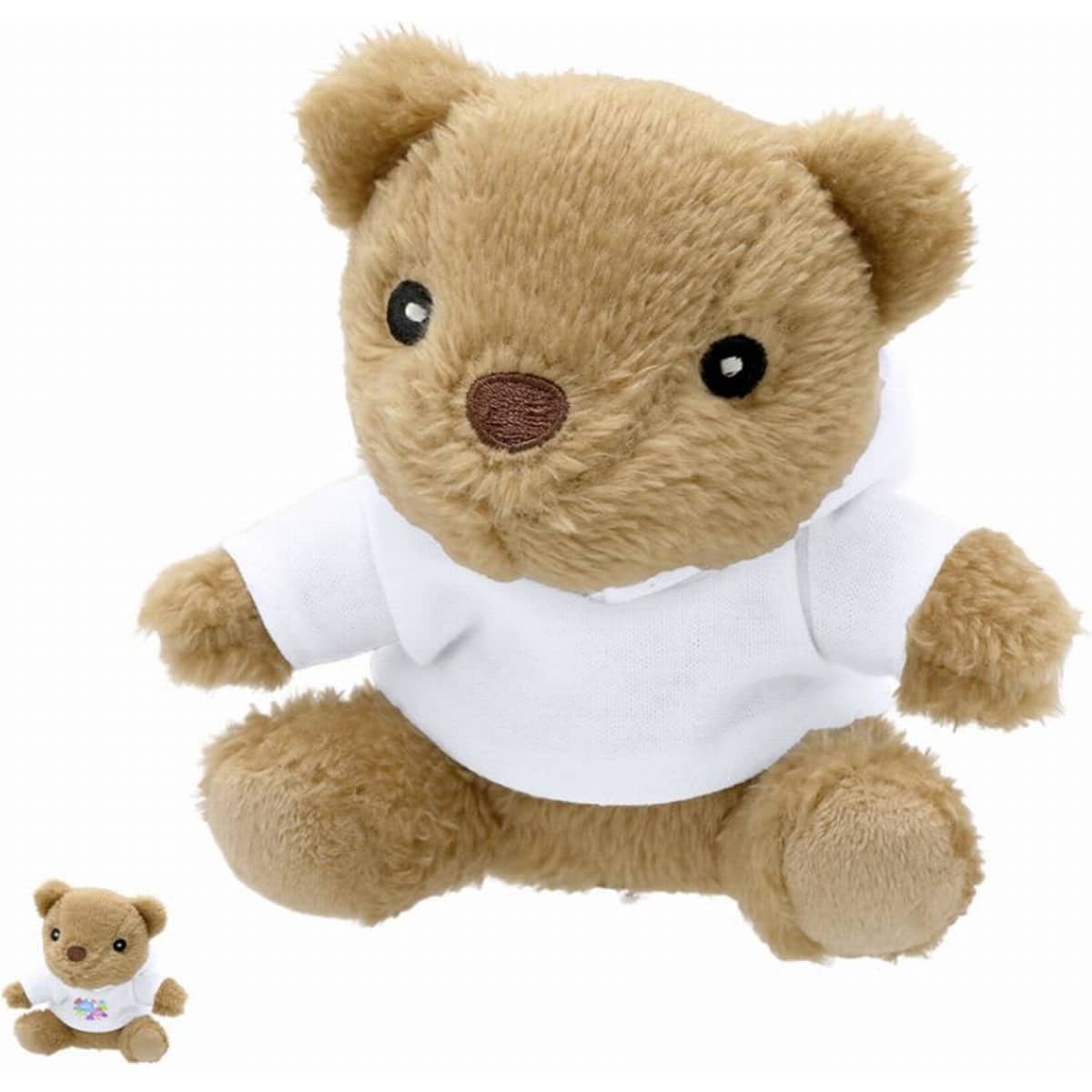 A plush bear in light brown with a white hoodie, sitting upright alongside a smaller version.