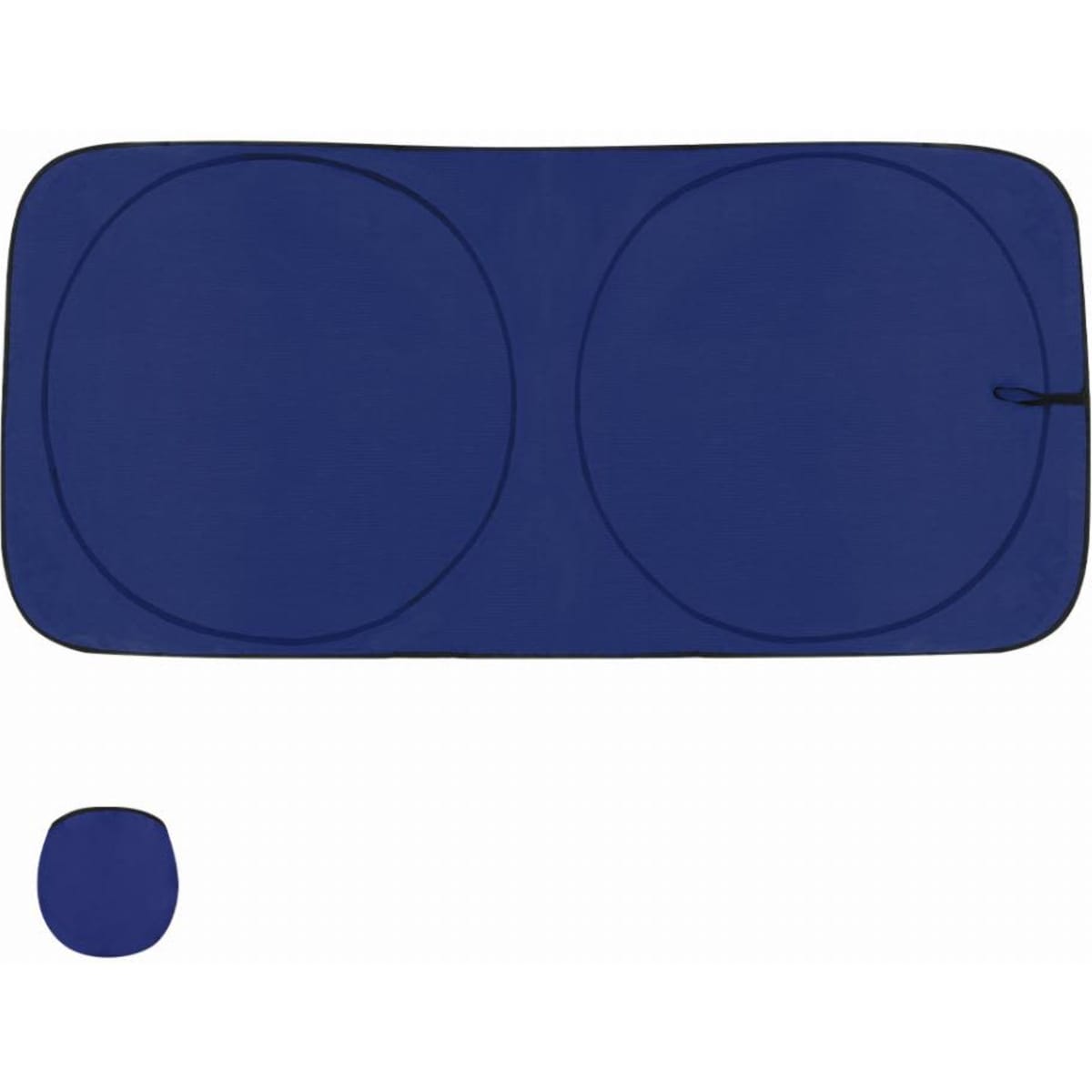 A blue promotional product featuring two circular indentations and a smaller circular piece in a contrasting design.