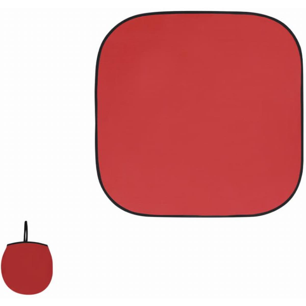A red picnic blanket with a black border, featuring a compact foldable design for easy portability.