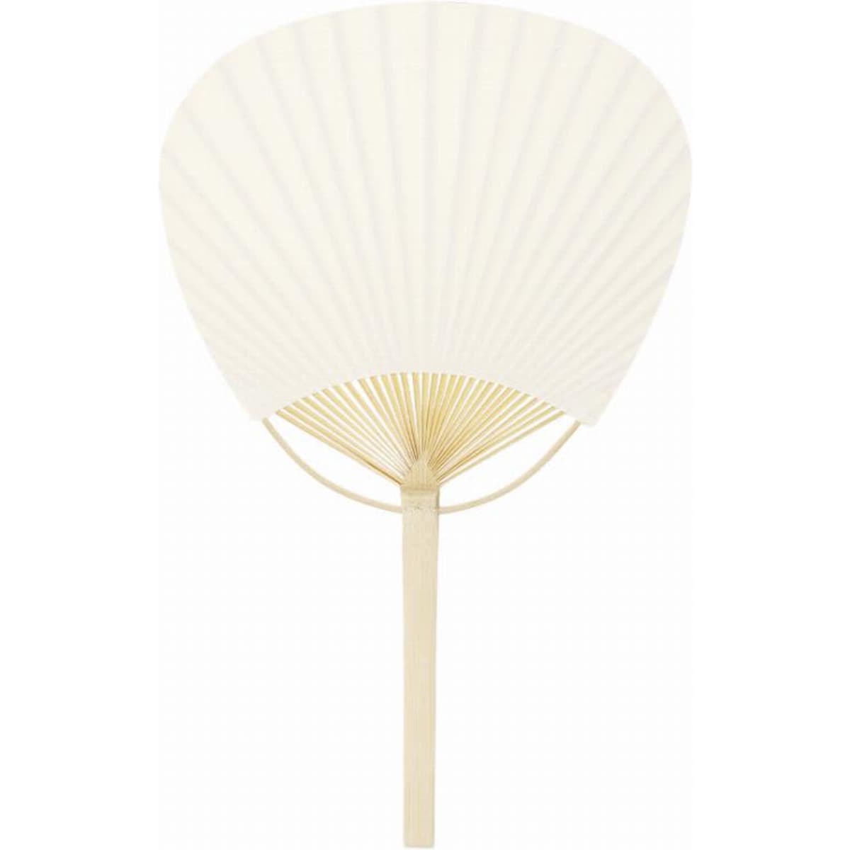 A decorative handheld fan with a cream-coloured fabric and a bamboo handle, featuring a pleated design.