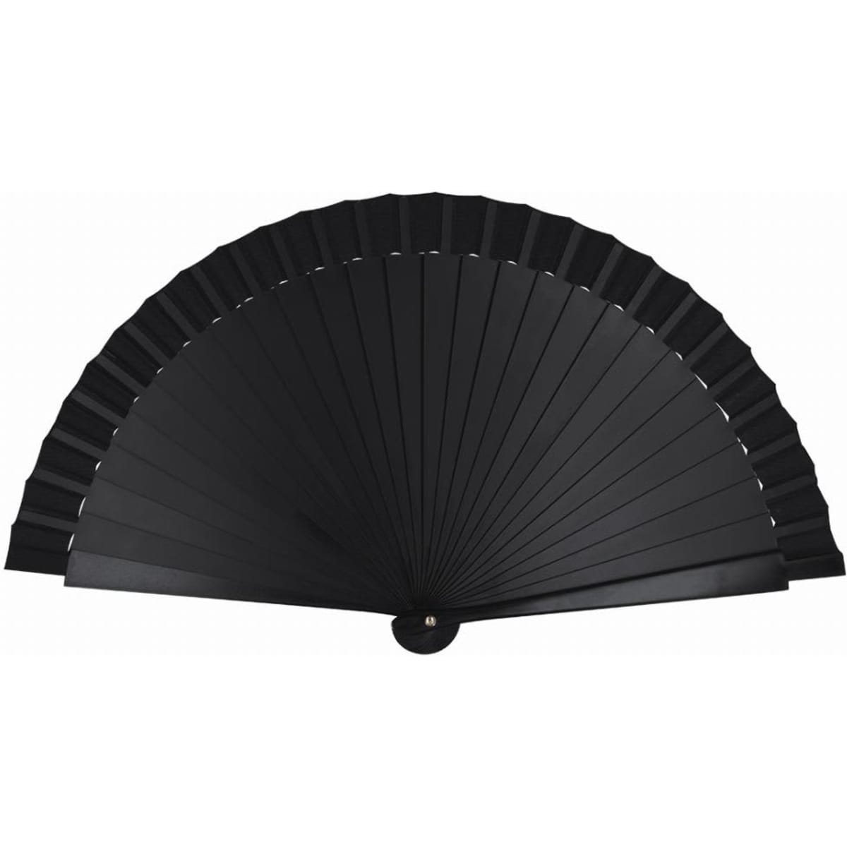 A black hand fan with several pleats, showcasing a sleek and elegant design.