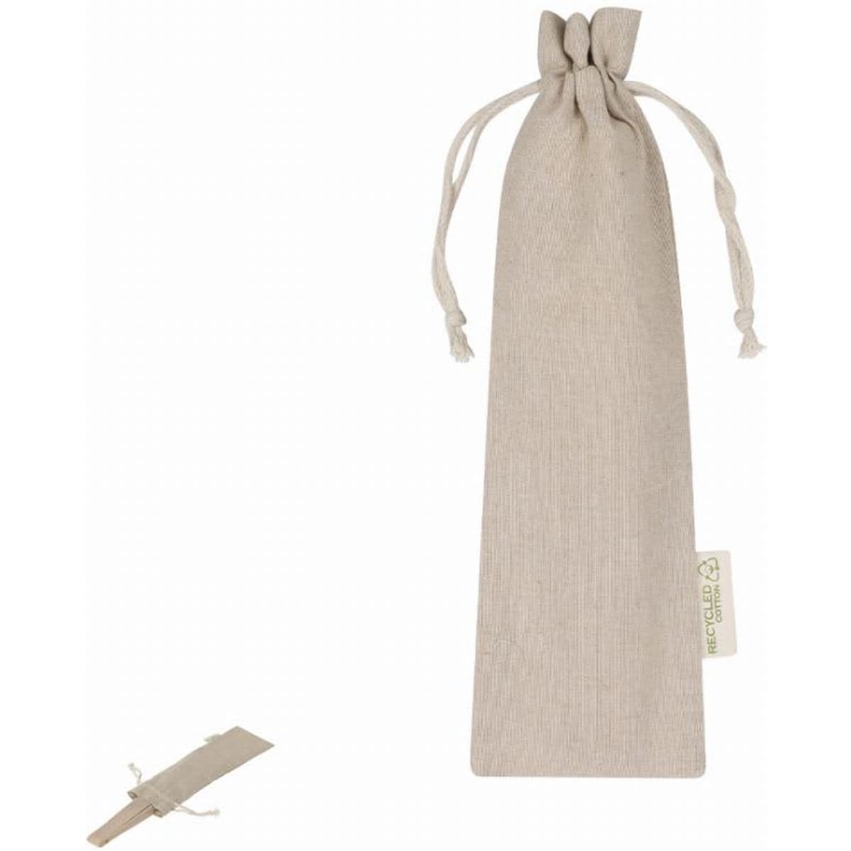 A natural linen drawstring pouch with a wooden tag attached, suitable for holding small items.