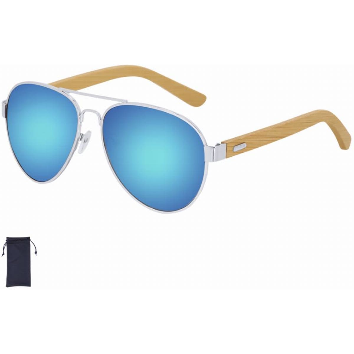 A pair of aviator sunglasses with blue mirrored lenses and bamboo-style temples, accompanied by a black pouch.