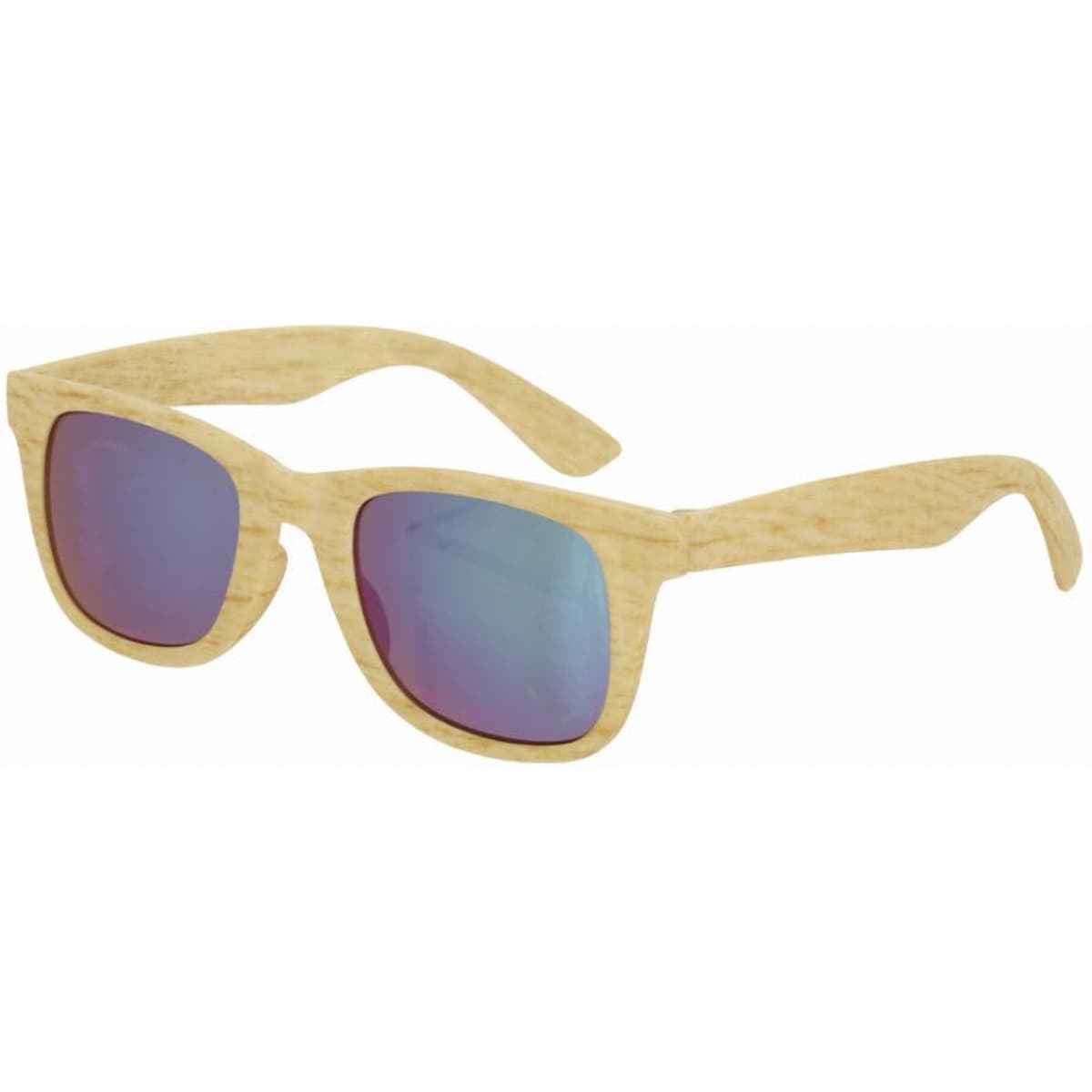 A pair of sunglasses with a natural wood finish and mirrored blue lenses. The product features a logo on the side.
