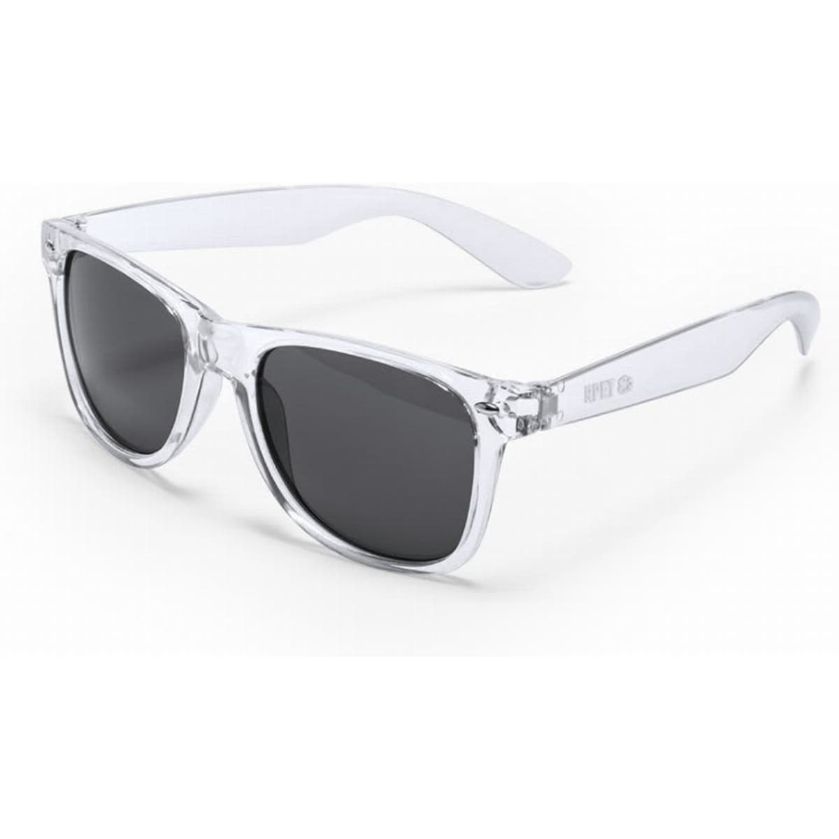 A pair of clear, transparent sunglasses with dark lenses and a classic shape. The frame has a logo on the side.