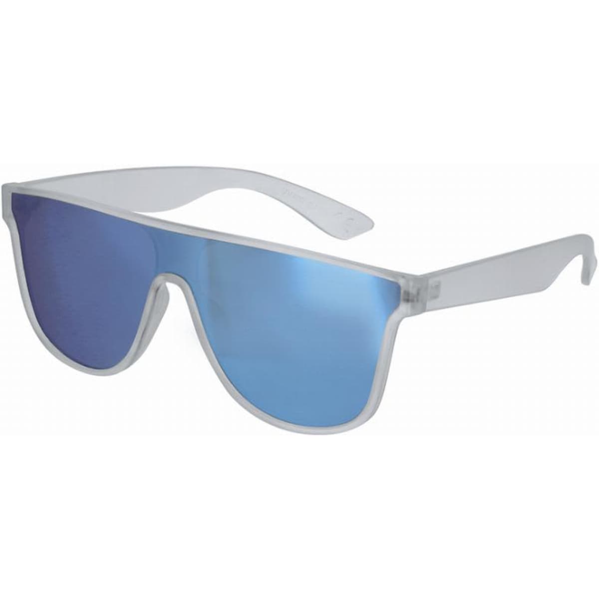 A pair of oversized sunglasses with a clear frame and blue tinted lenses. The sunglasses have a modern, stylish design.