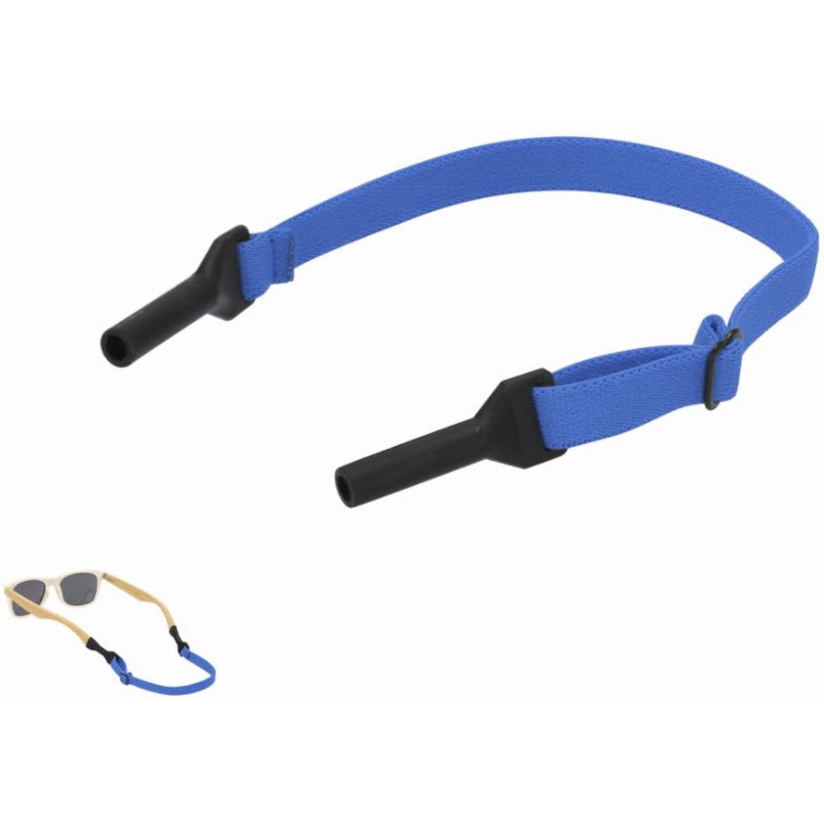 A blue sunglasses strap with black ends, positioned next to a pair of sunglasses for display.