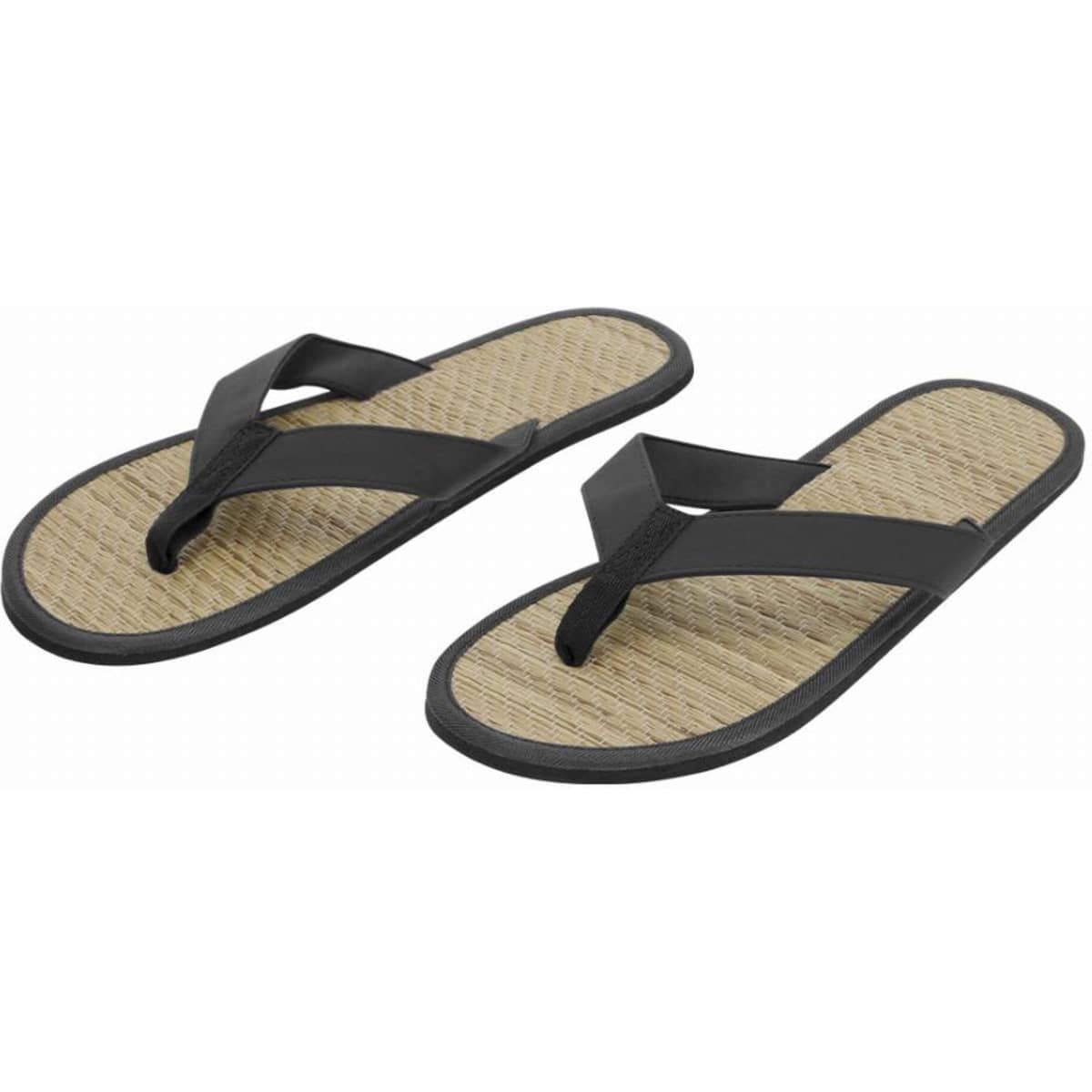 A pair of black flip-flops with a textured tan footbed and rubber sole, featuring a simple design.