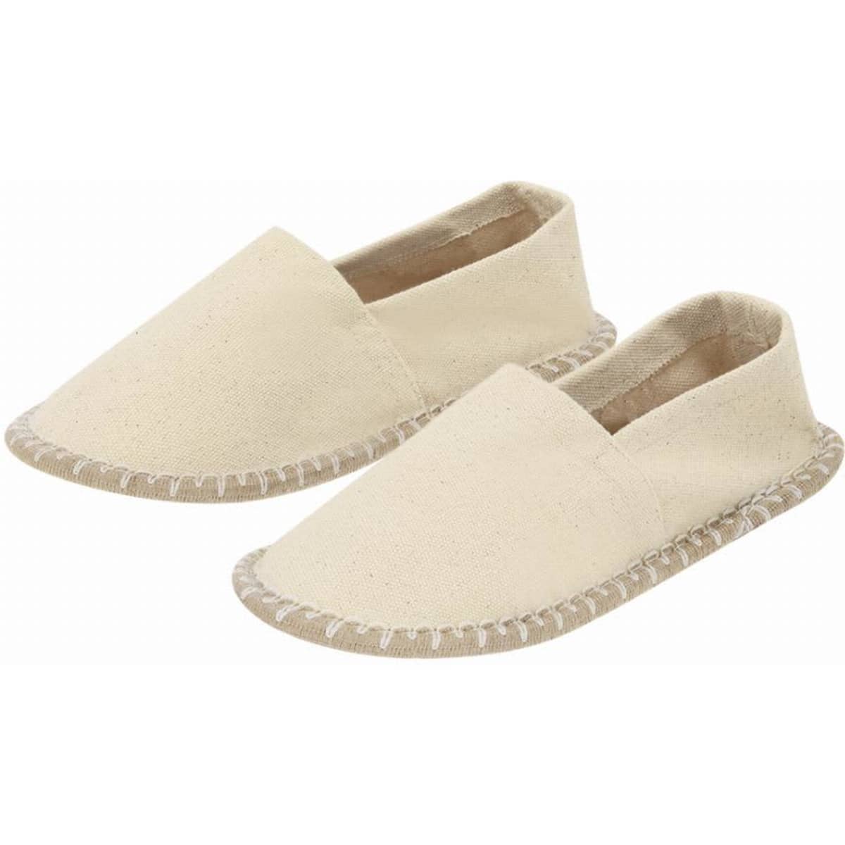 A pair of beige slippers featuring a simple design with stitched edges and an open back.