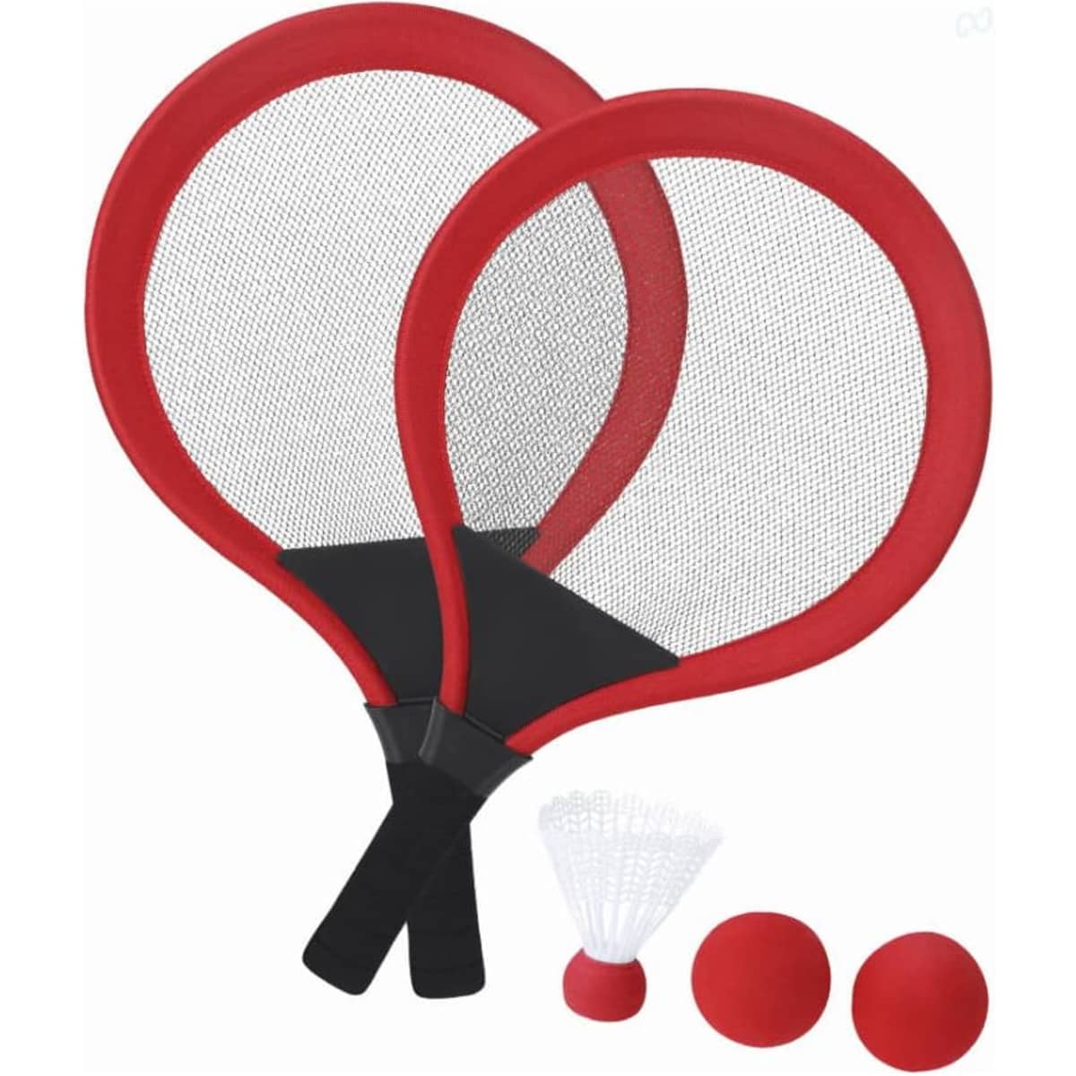A set of red badminton rackets with a black grip, accompanied by shuttlecocks and balls.