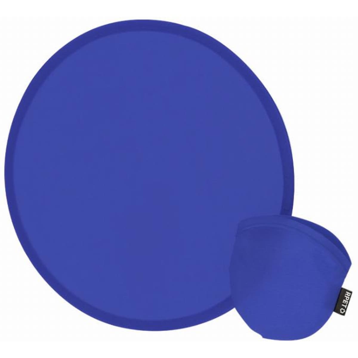 A round blue portable item with a matching pouch, featuring a branding logo.