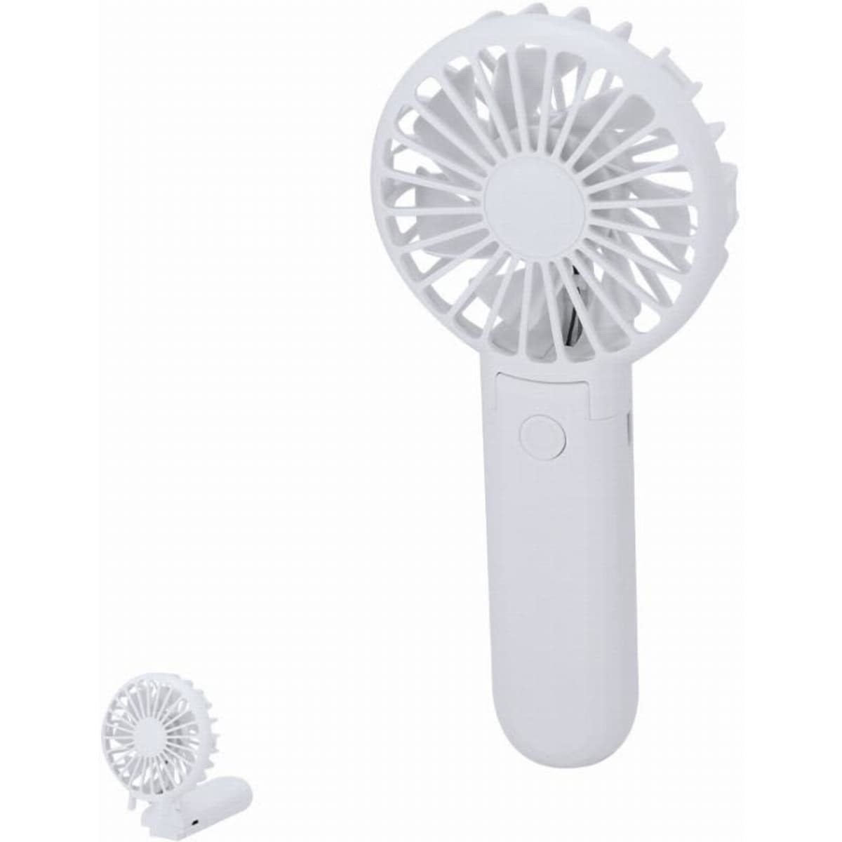 A portable white fan with a circular design and a detachable base, featuring a power button.