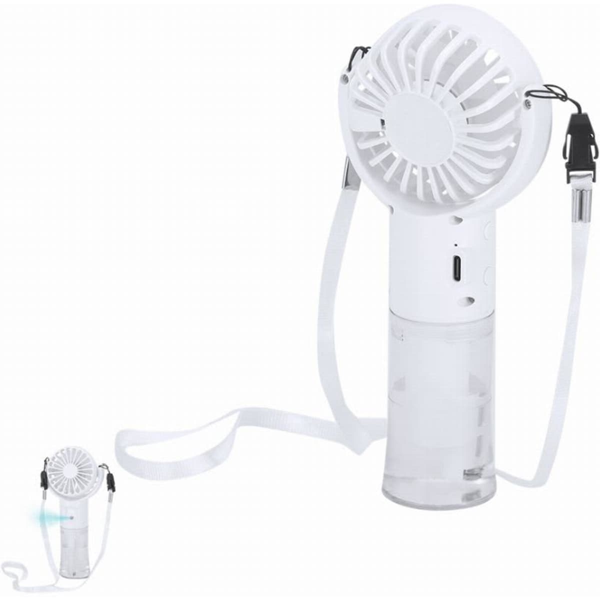 A portable misting fan in white with a clear water reservoir and adjustable strap. It includes a small logo.