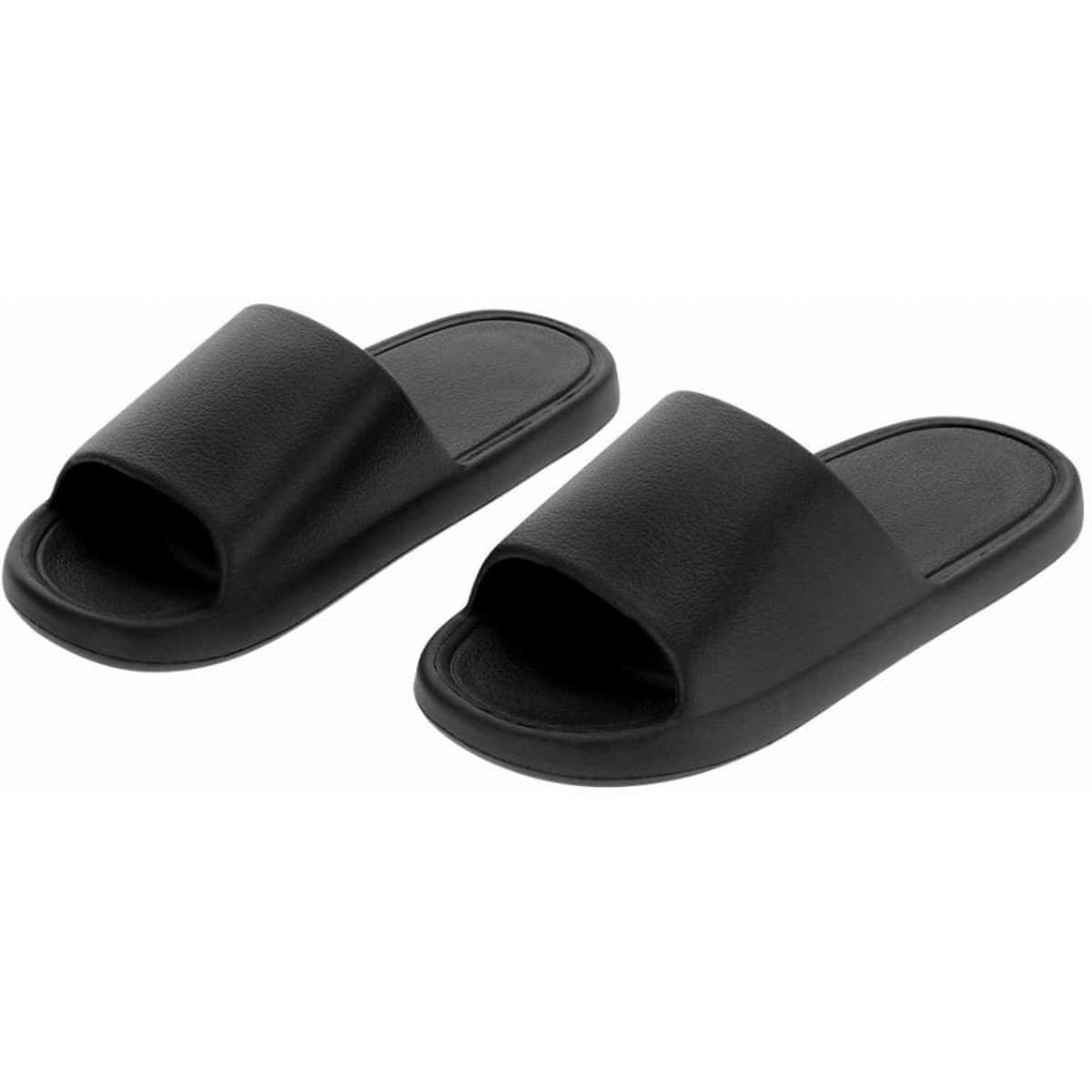 A pair of black slide sandals with an open toe and a flat sole. The design is simple and modern.