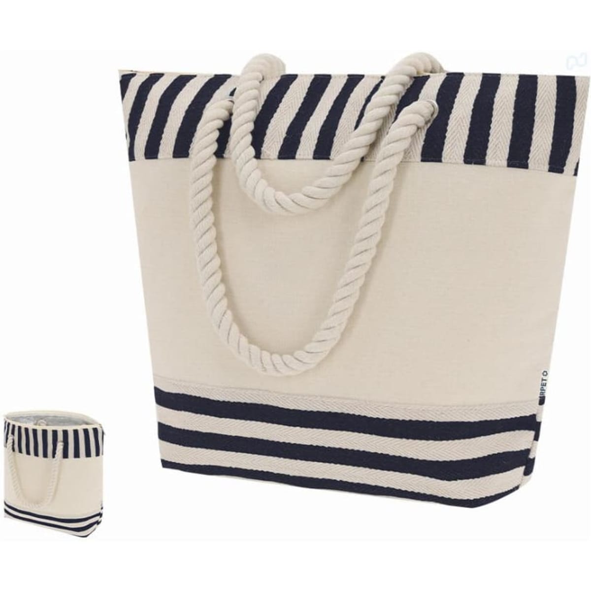 A tote bag with a striped navy and cream design, featuring rope handles and a matching smaller bag.