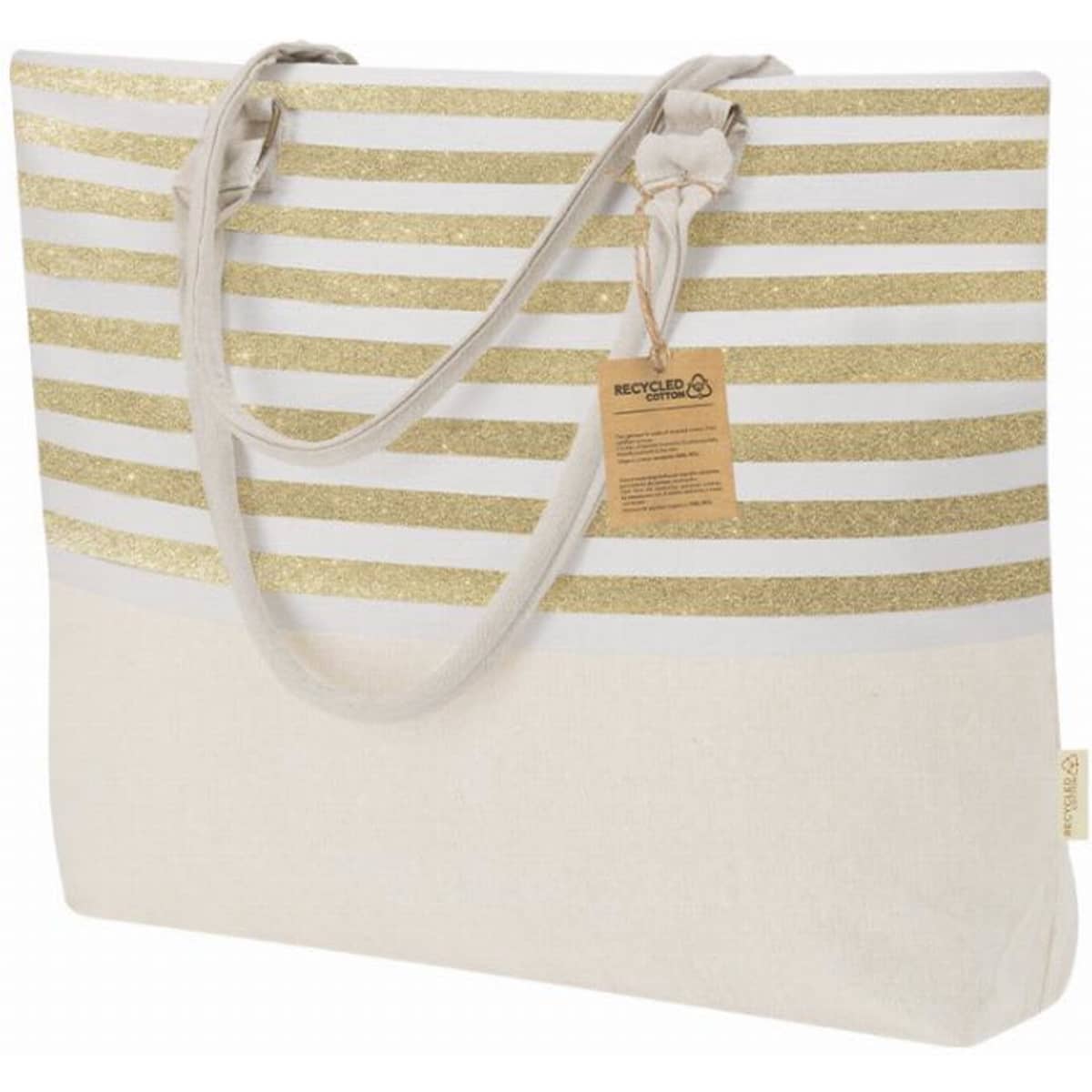 A tote bag with gold glitter stripes and a natural fabric base, featuring matching handles and a tag.