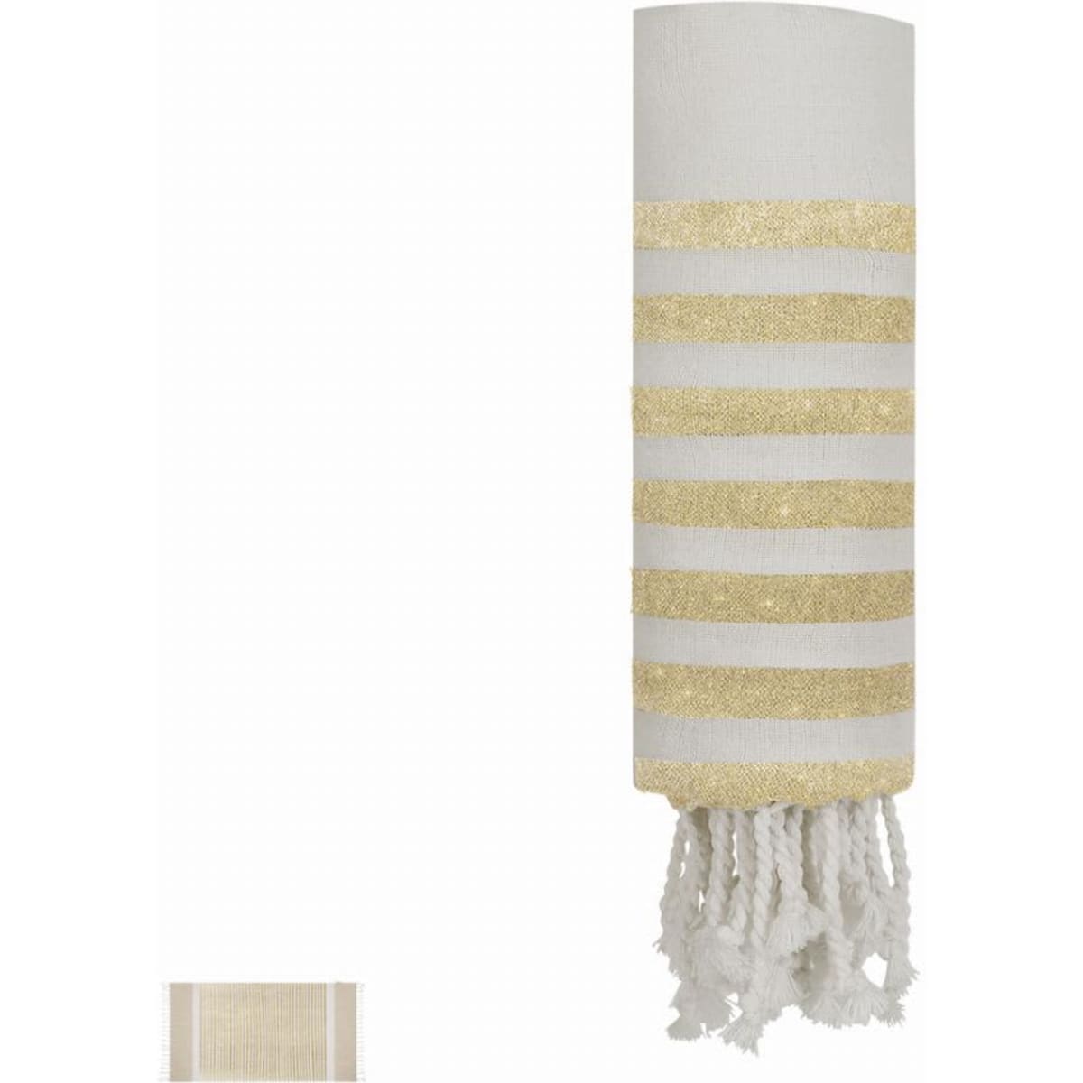 A decorative wall hanging in white and gold with a textured fringe at the bottom. It features horizontal striped patterns.